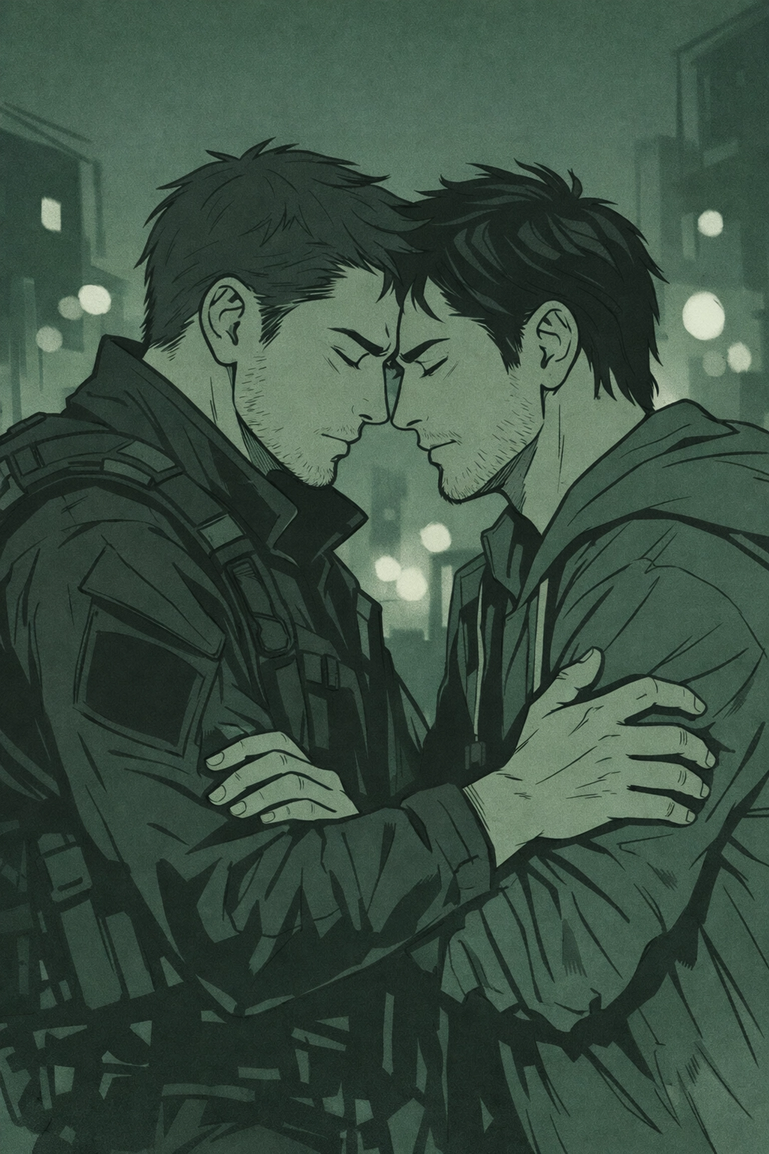 Two men in intimate embrace showing tension between duty and desire in MM undercover romance