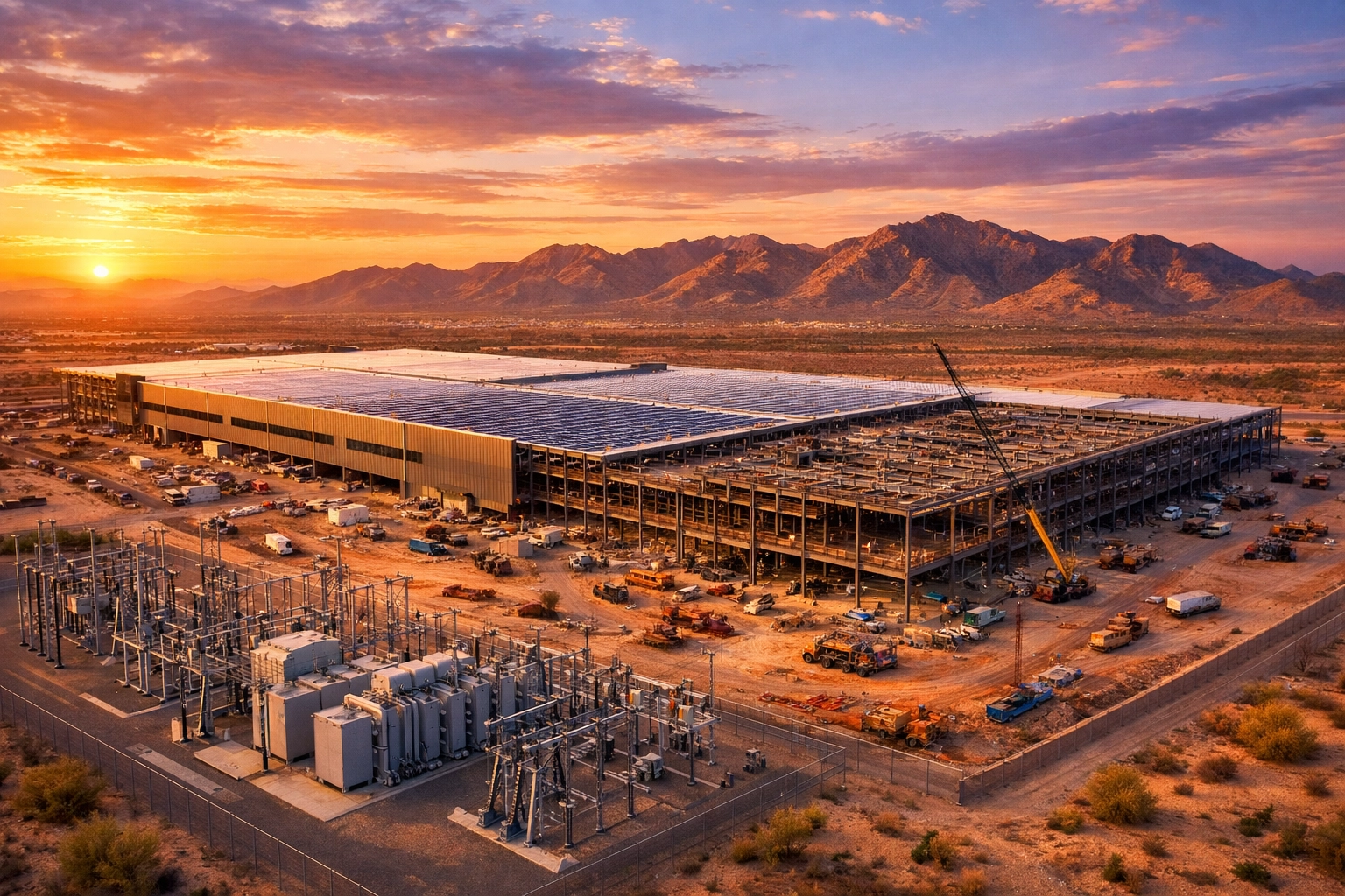 ERMCO manufacturing facility construction in Waddell Arizona with electrical transformers and desert mountains ERMCO manufacturing facility construction in Waddell Arizona with electrical transformers and desert mountains