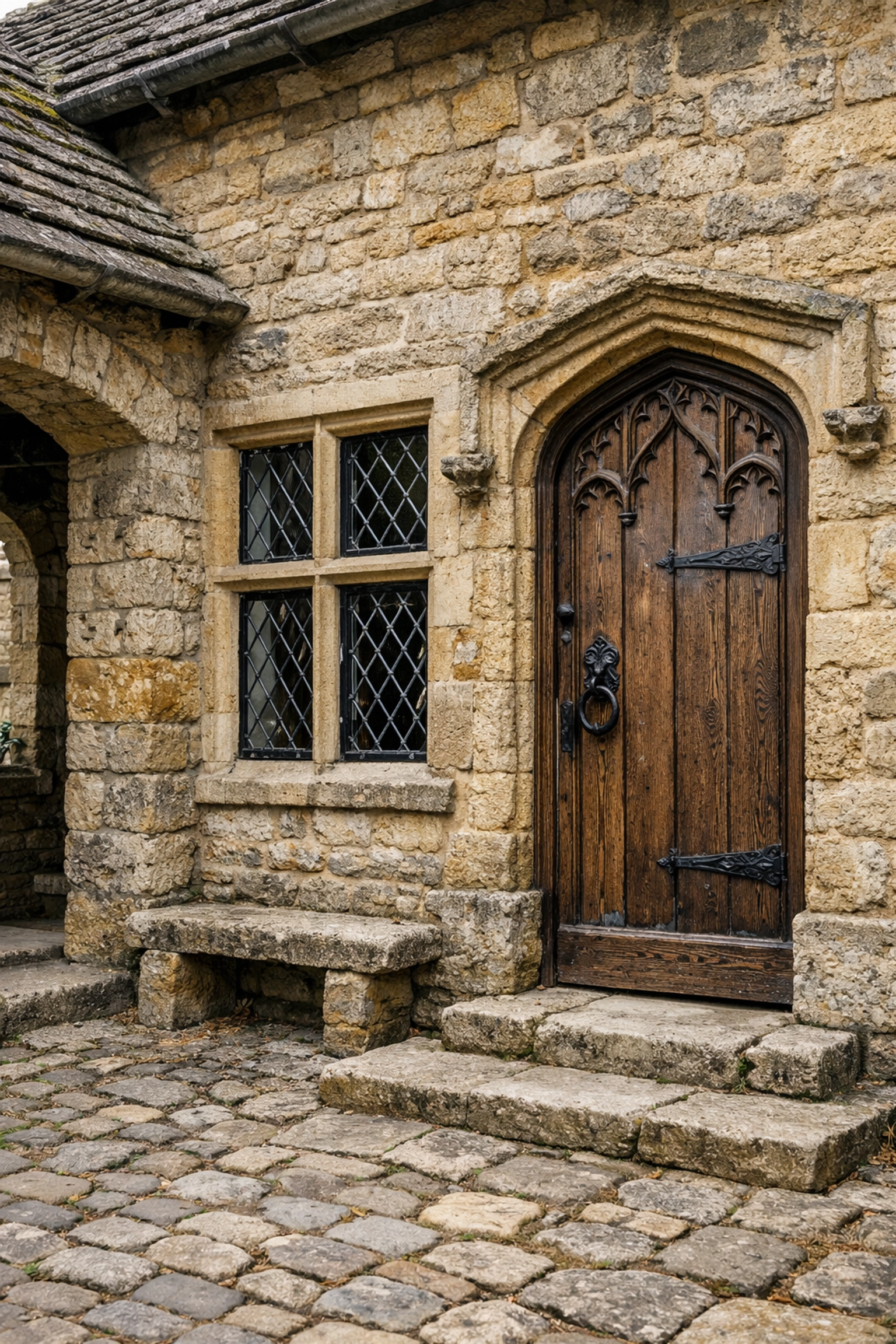 Traditional stone almshouses designed by Sir Edwin Lutyens in Upper Slaughter village square.