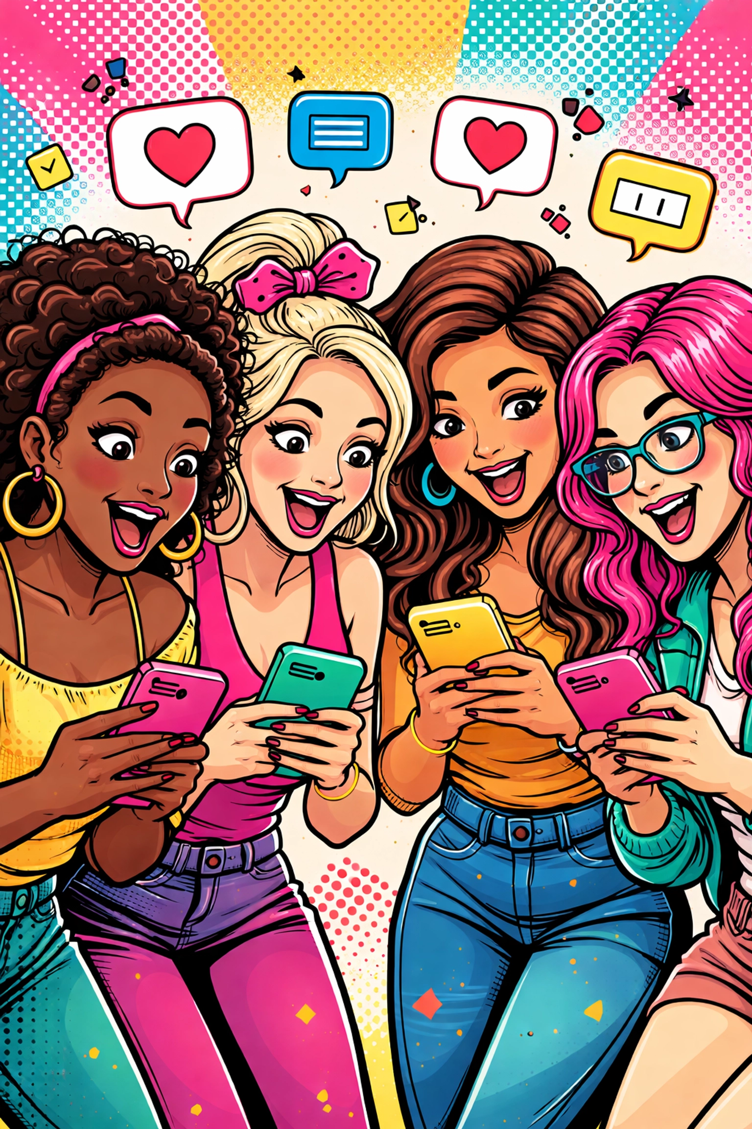 Women friends excitedly checking their phones and sharing group chat messages together