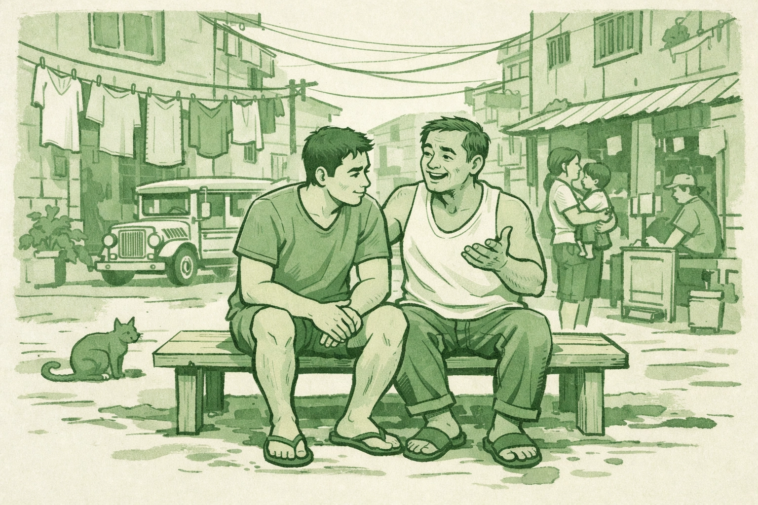 Filipino gay men sharing stories in Manila neighborhood - chosen family and resilience