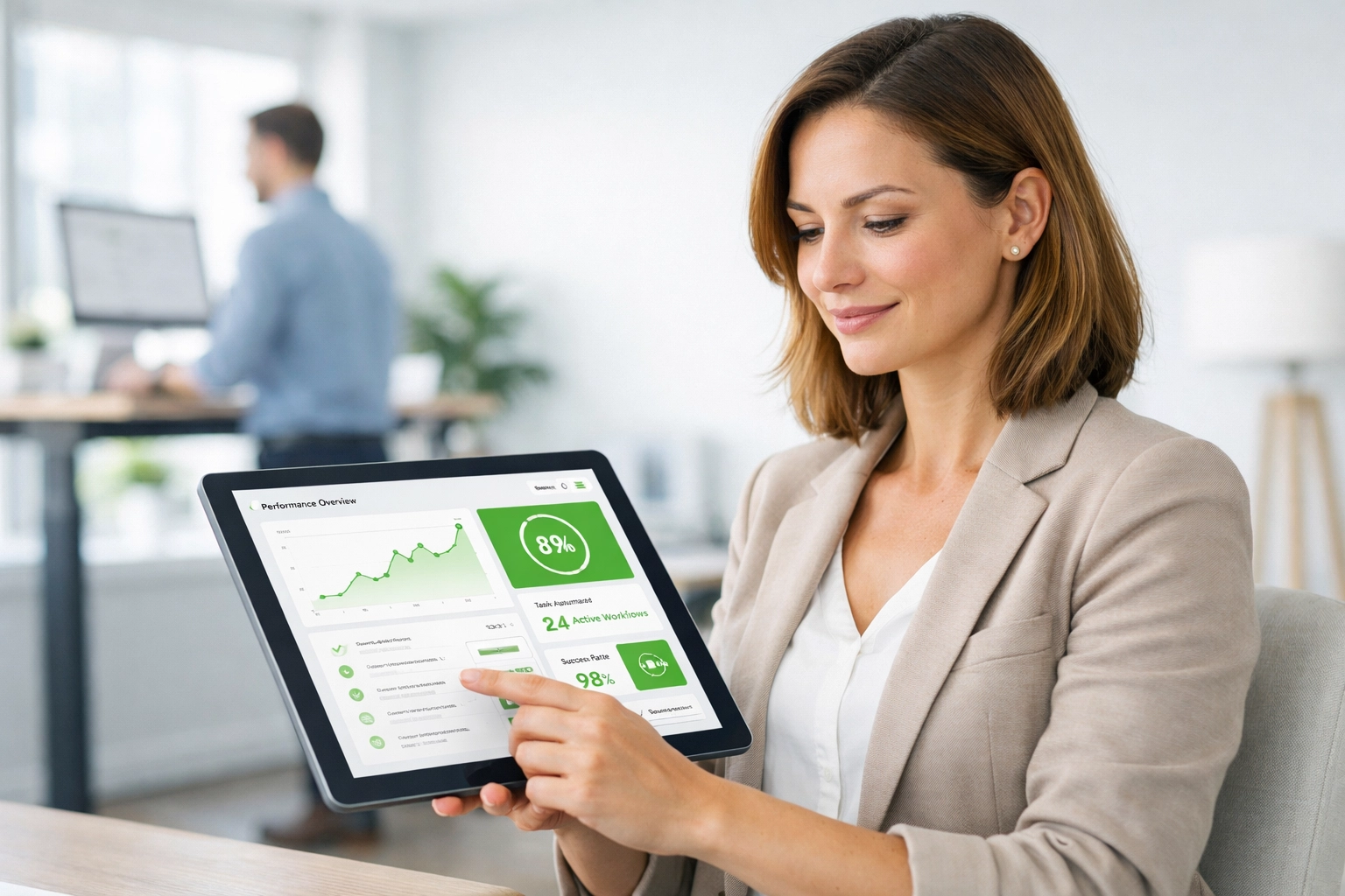 IT manager using a ServiceNow dashboard to monitor Agentic AI performance and automated workflows.