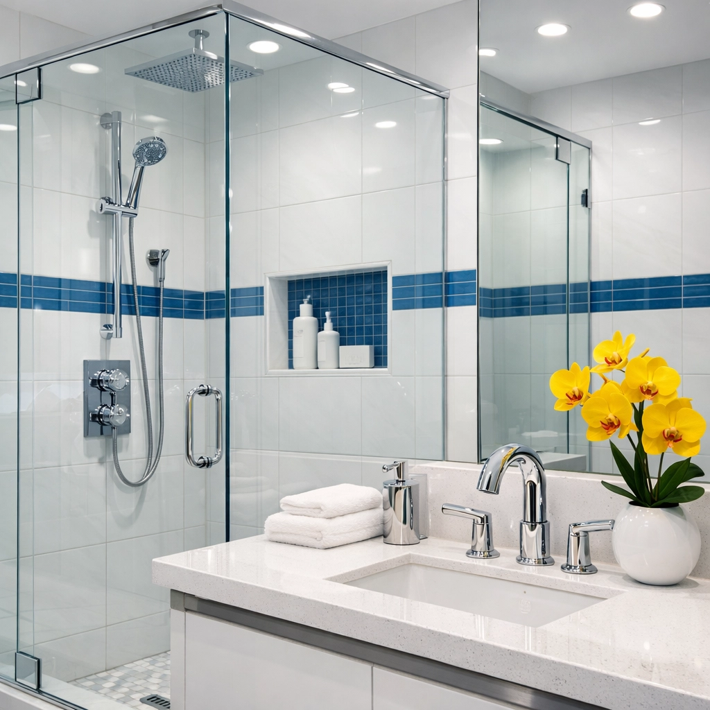 A sparkling, spa-like bathroom maintained by professional cleaners Natick MA to ensure a deep cleaning standard.