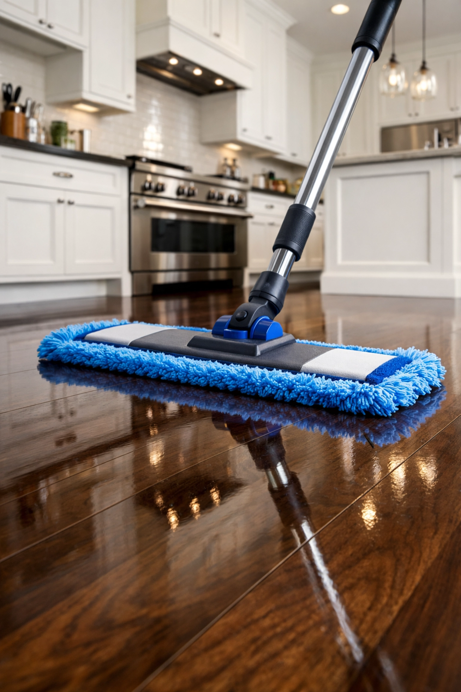 Microfiber mop cleaning pristine hardwood floors during a post-construction deep cleaning session.