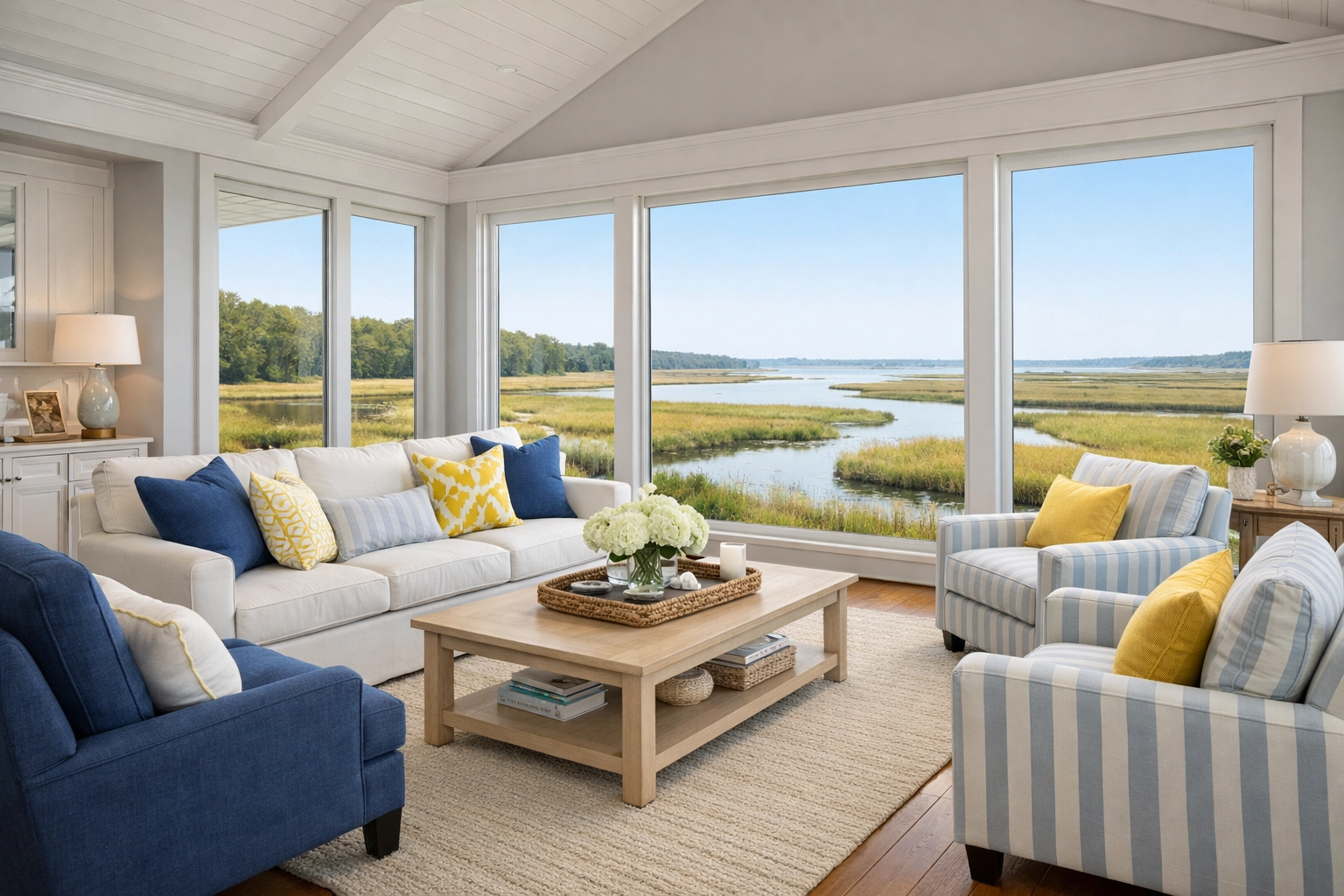 Deep cleaned Cape Cod living room with pristine floors and large windows overlooking a serene salt marsh.