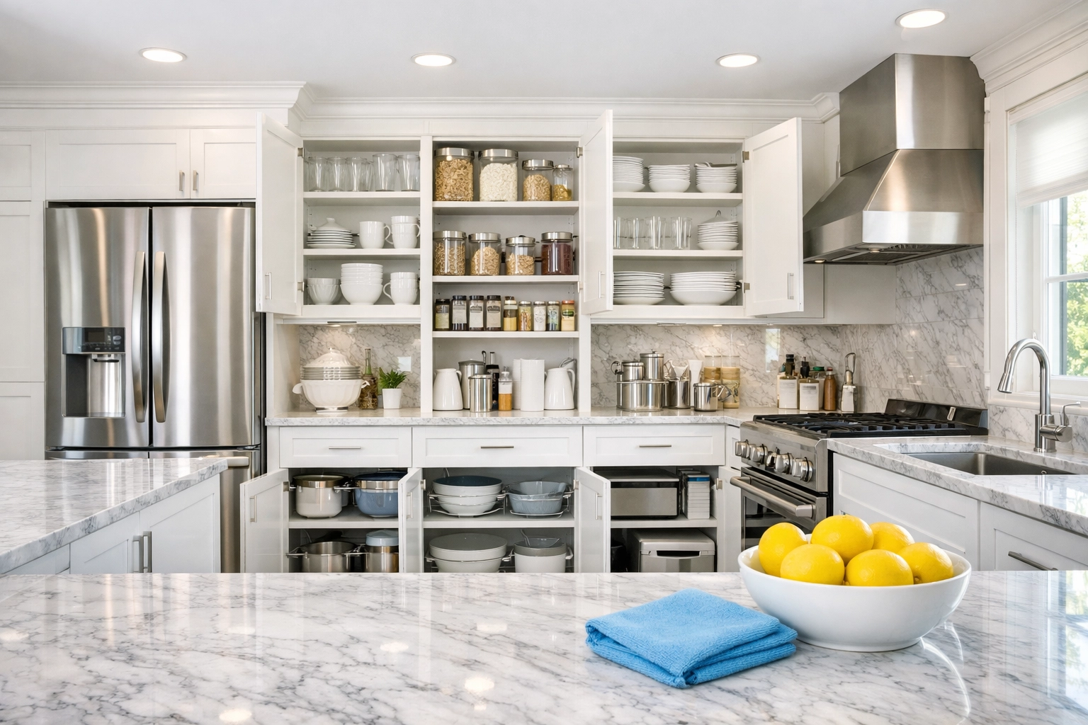 Professional move-in cleaning in a modern Boston kitchen with white cabinets and stainless appliances.