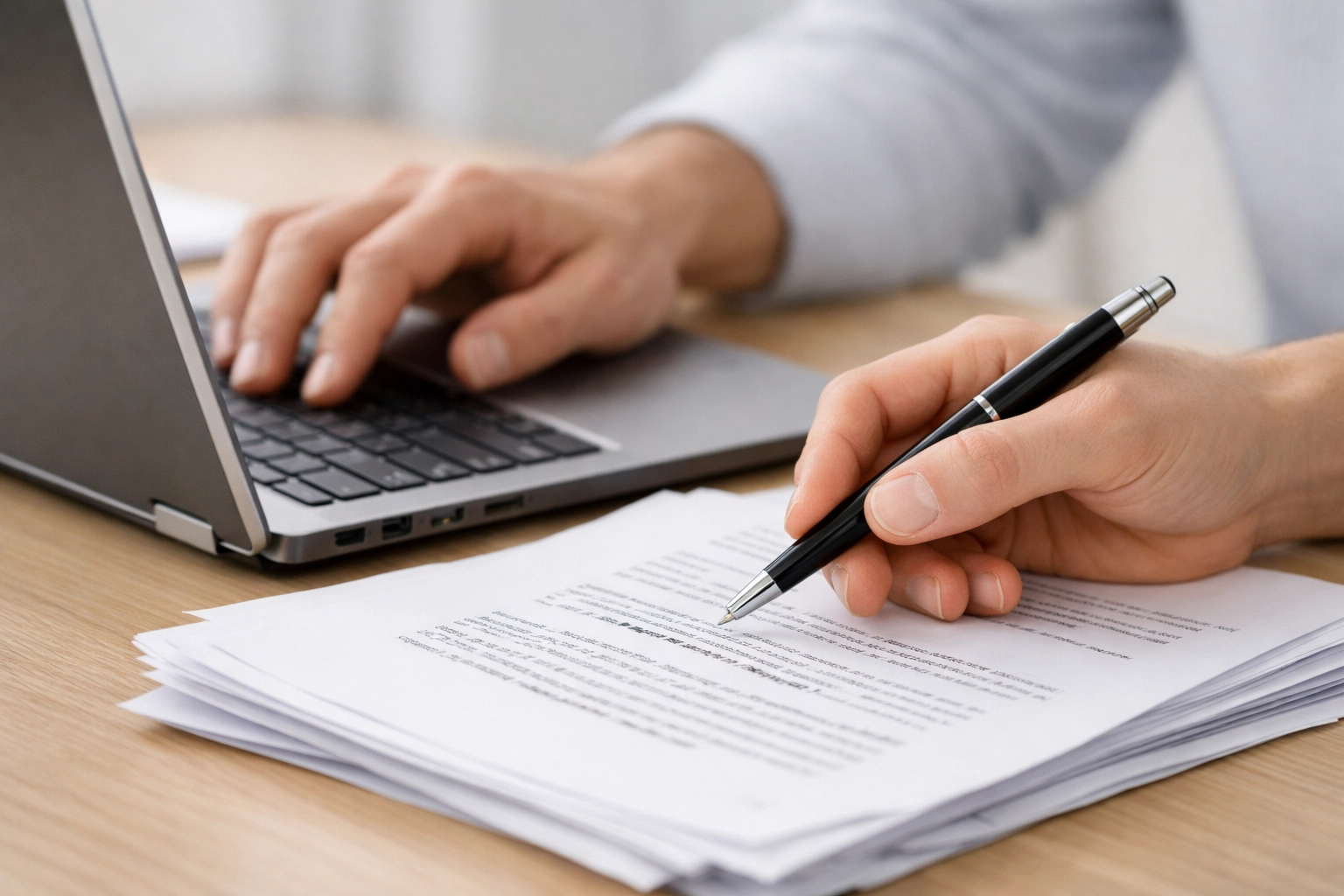 Close-up of hands editing a draft to show human oversight in an AI-assisted content workflow.