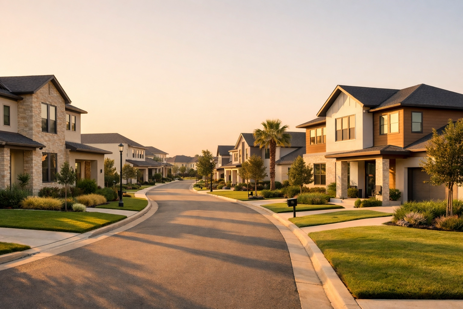 Modern suburban street in Texas with high-quality contemporary homes and manicured green lawns.