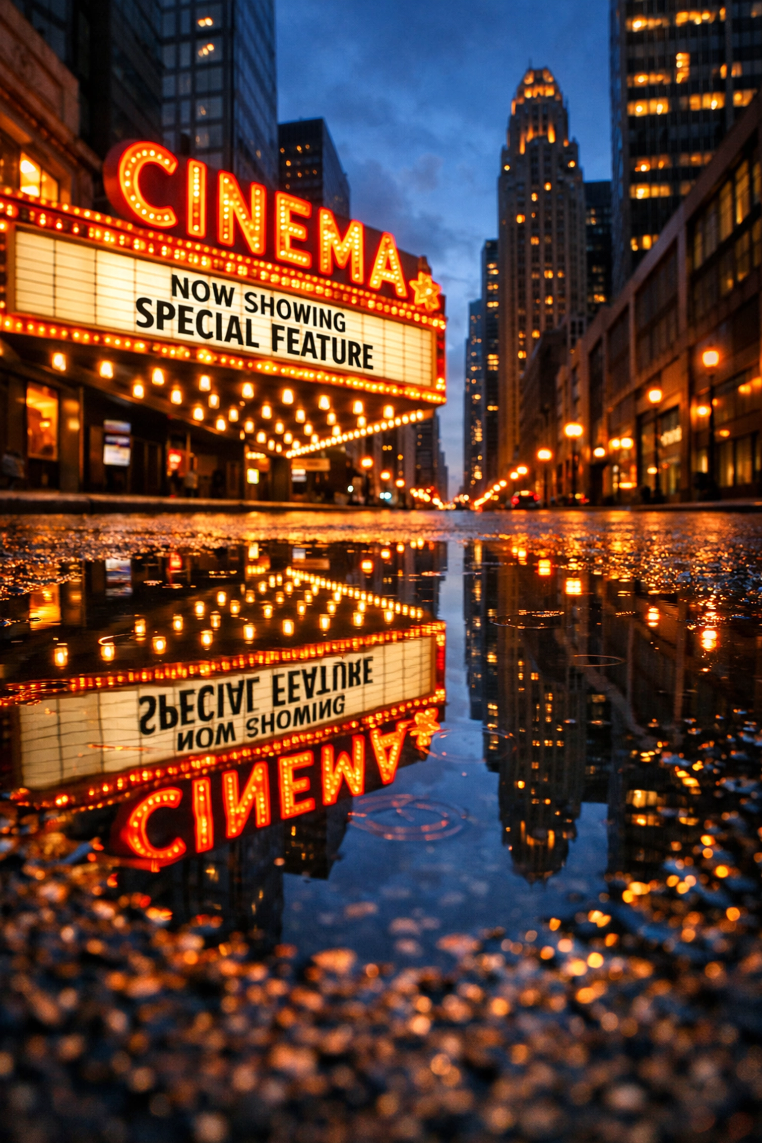 Creative street photography idea showing a puddle reflection of a neon cinema marquee at night.