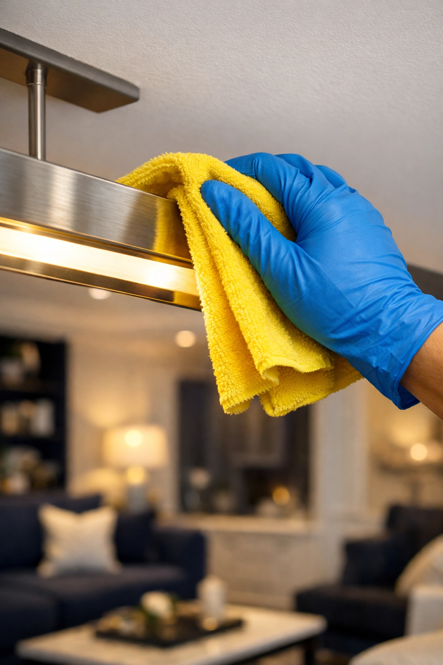 Detail of professional house cleaning wiping dust from a light fixture during a deep cleaning service.