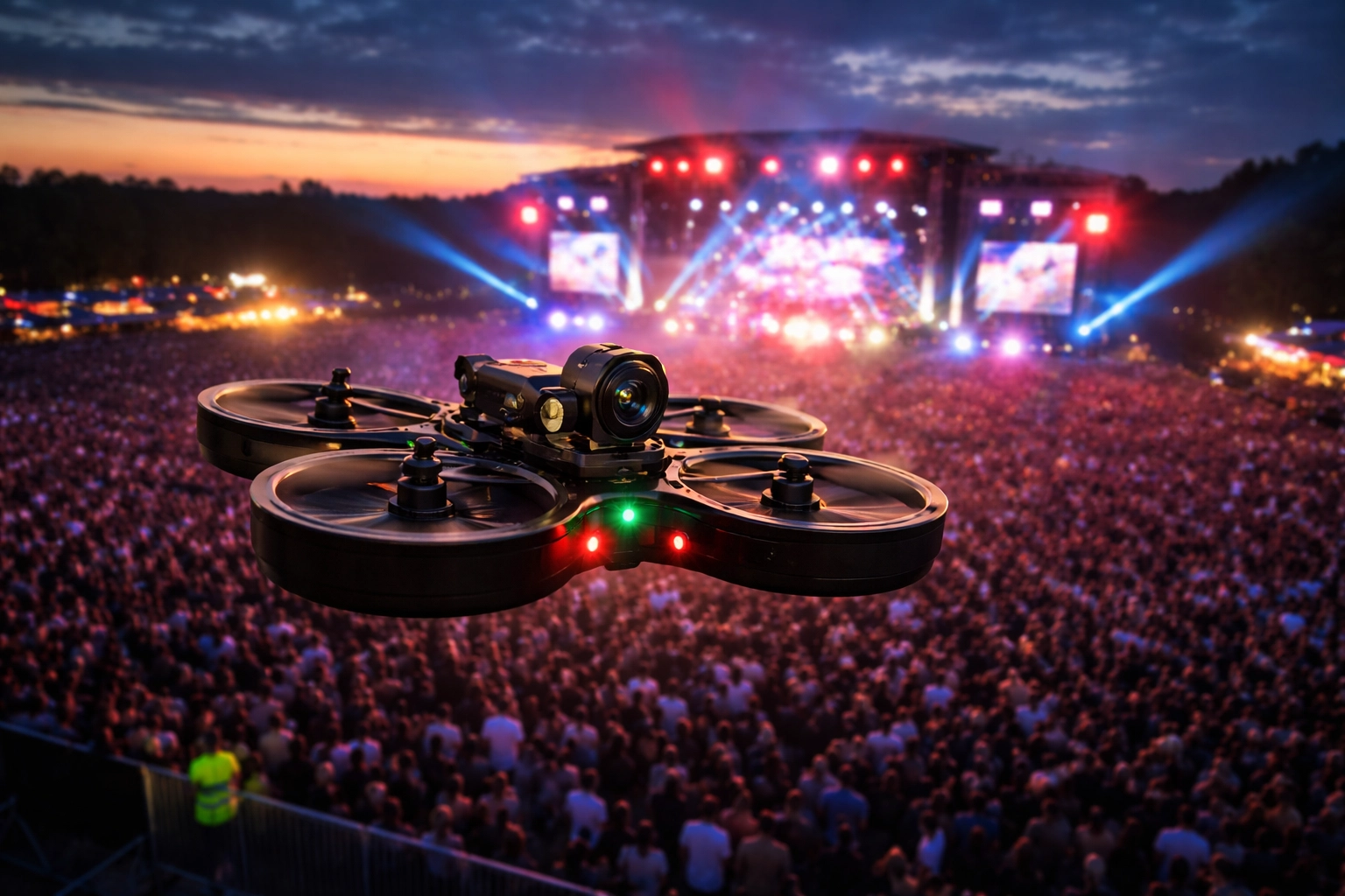 Cinewhoop drone hovering above a crowded outdoor festival, emphasizing reliable RF link in dense environments.