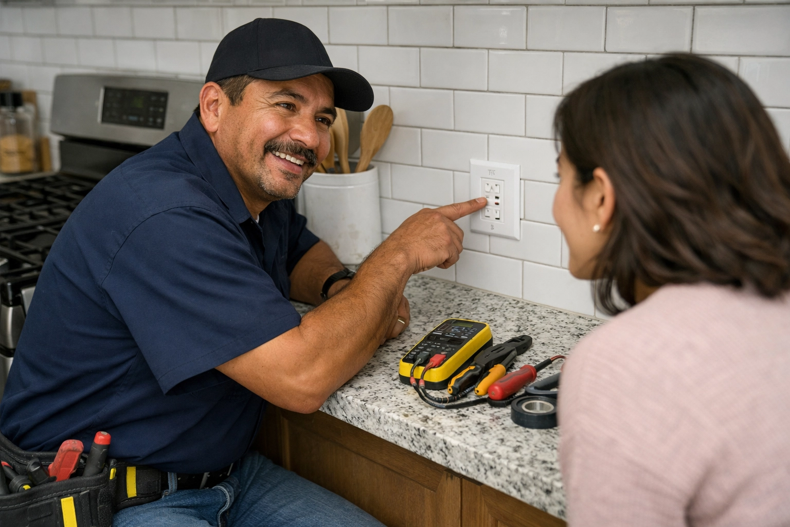 A professional Mexican electrician demonstrates how to use the GFCI test/reset buttons on a kitchen outlet to a homeowner in bright natural light.