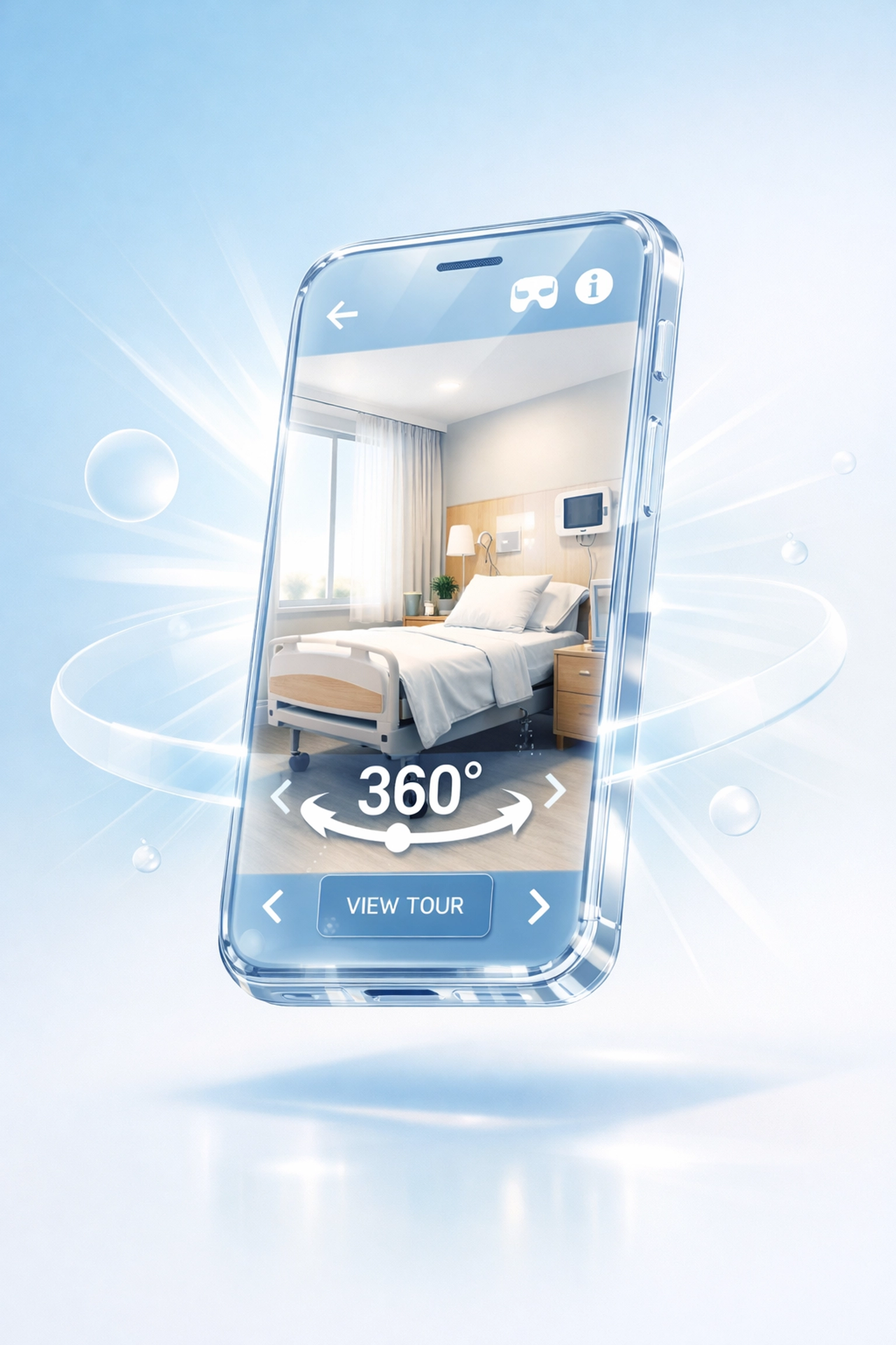 Smartphone displaying 360-degree virtual tour of treatment facility bedroom