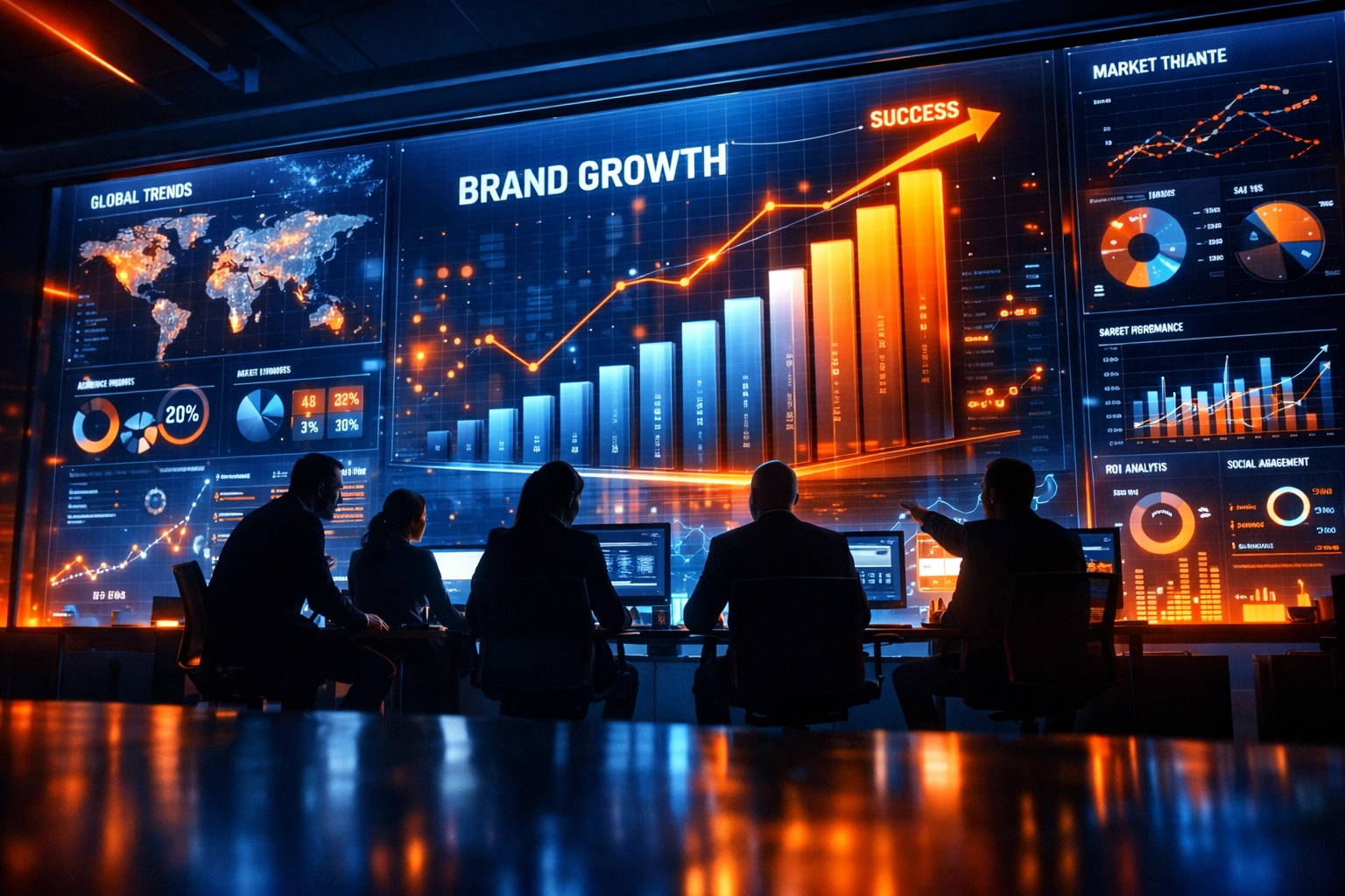 Marketing strategists analyzing Super Bowl ROI data and brand growth charts in a high-tech command center.