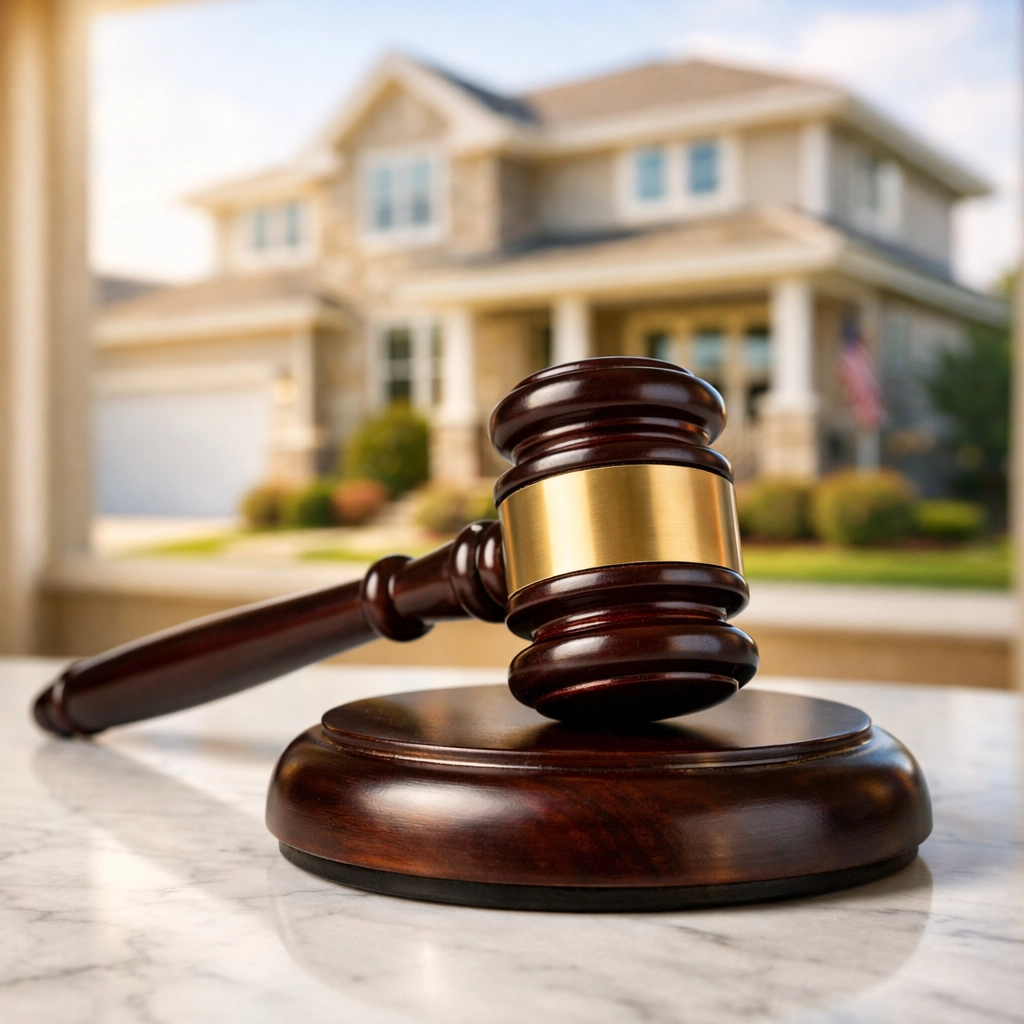 Auction gavel on a marble table representing a transparent Omaha real estate auction process.