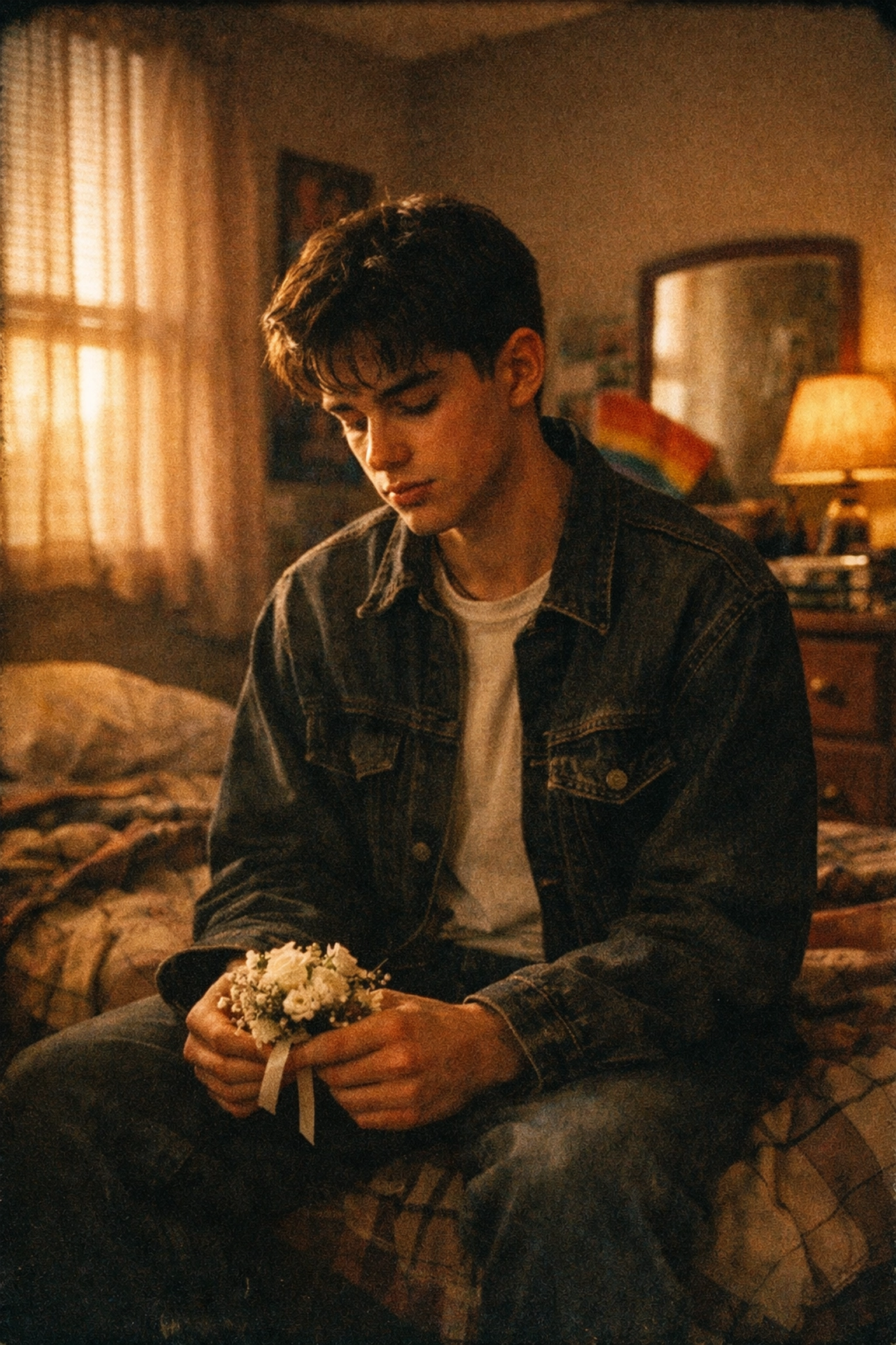 A young man in a 90s bedroom holding a prom corsage, reflecting on the historical exclusion of LGBTQ+ youth.