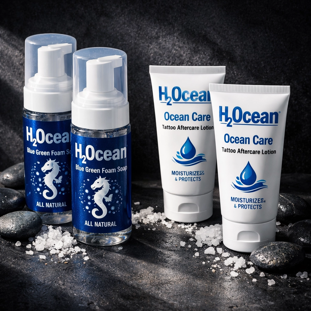 H2Ocean aftercare products with natural sea salt for professional tattoo healing