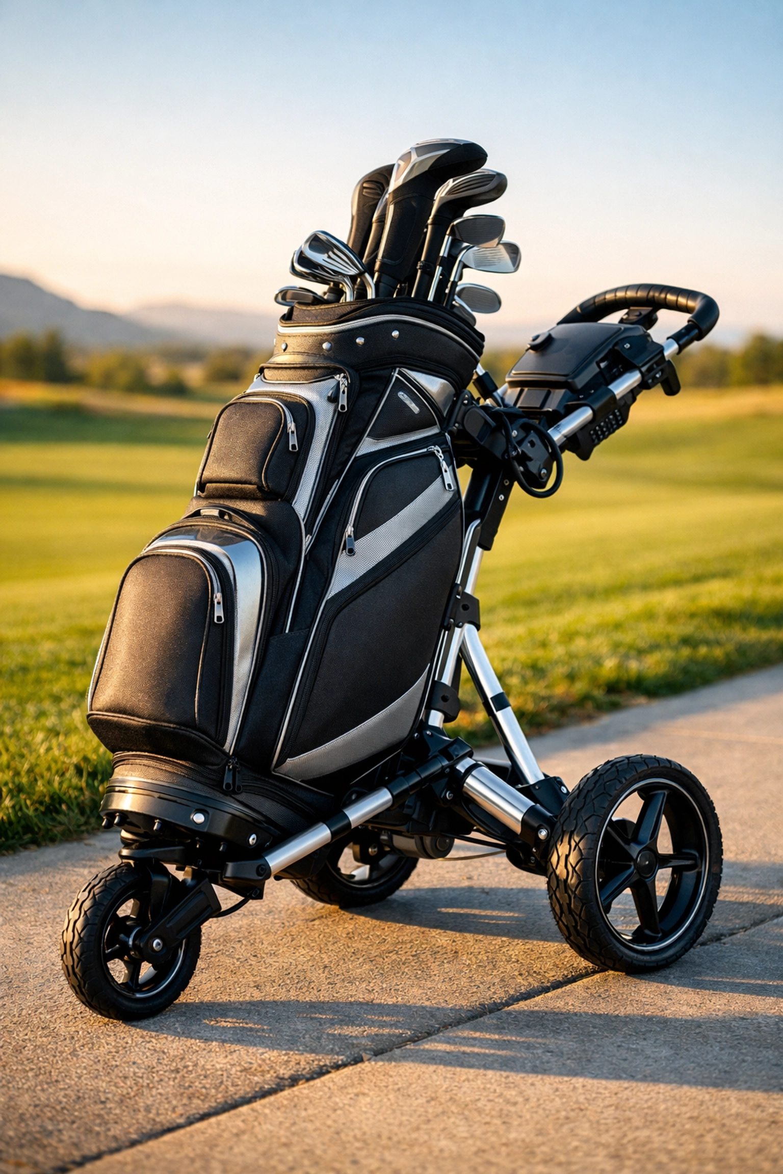 PARADAX AI-1 all in one golf bag with integrated 3 wheel golf push cart deployed on a sunny golf course path.