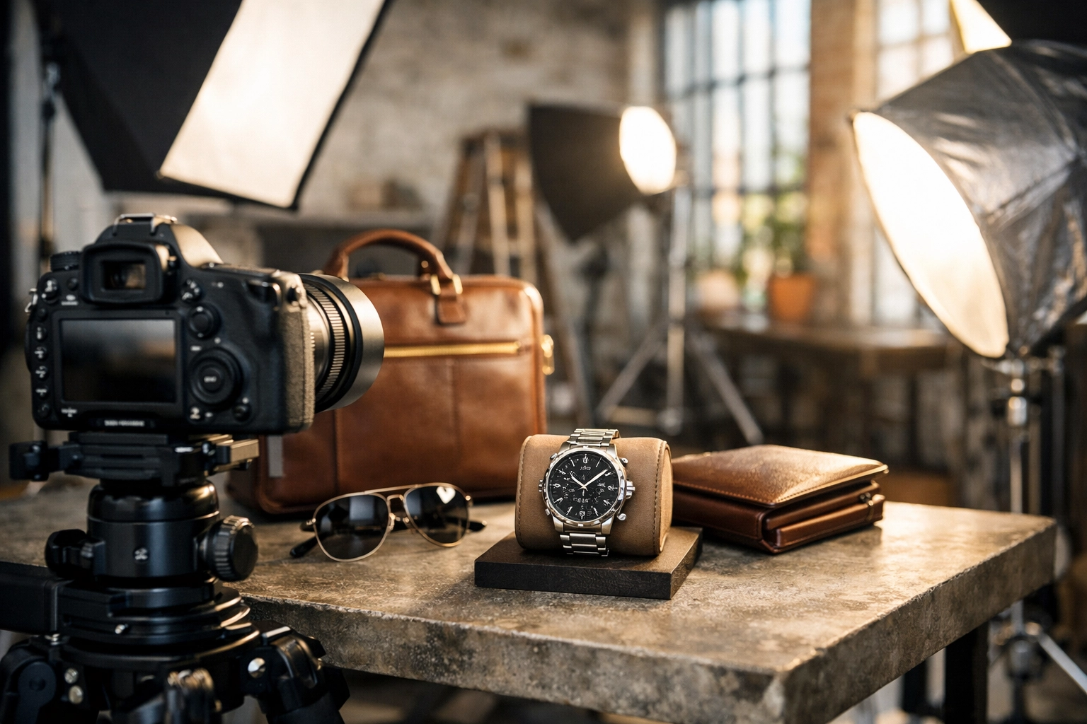 Professional commercial photography setup in a Wynwood studio featuring luxury brand products.