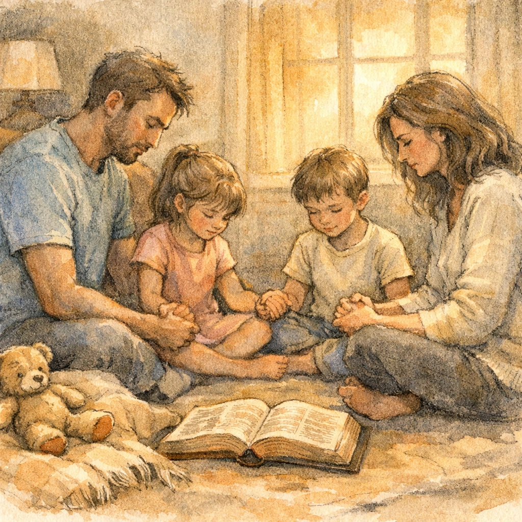 Christian family holding hands in prayer circle teaching children about faith