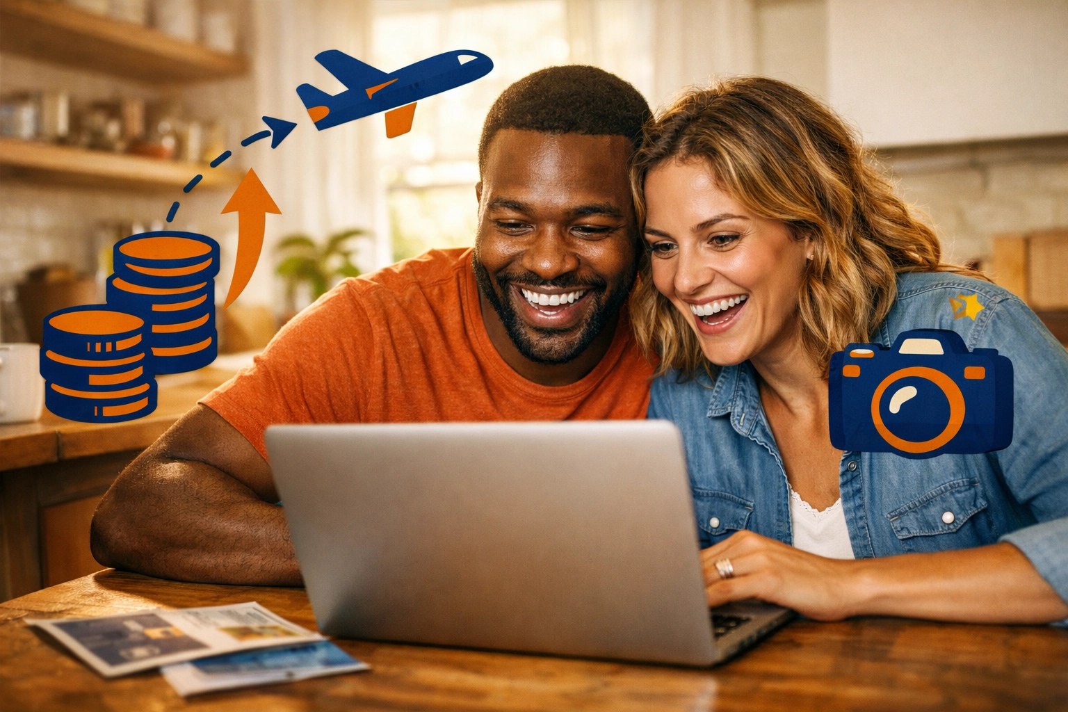 A couple in Burlington planning a trip using extra cash earned from renting out items on Chartrflex.