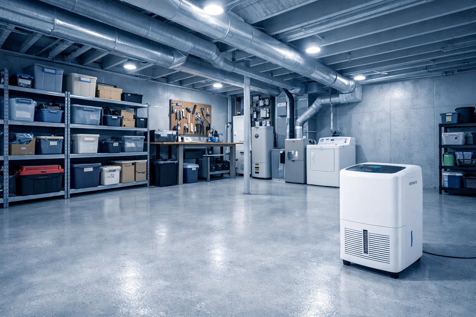 Clean, dry basement with dehumidifier showing proper moisture control and mold prevention