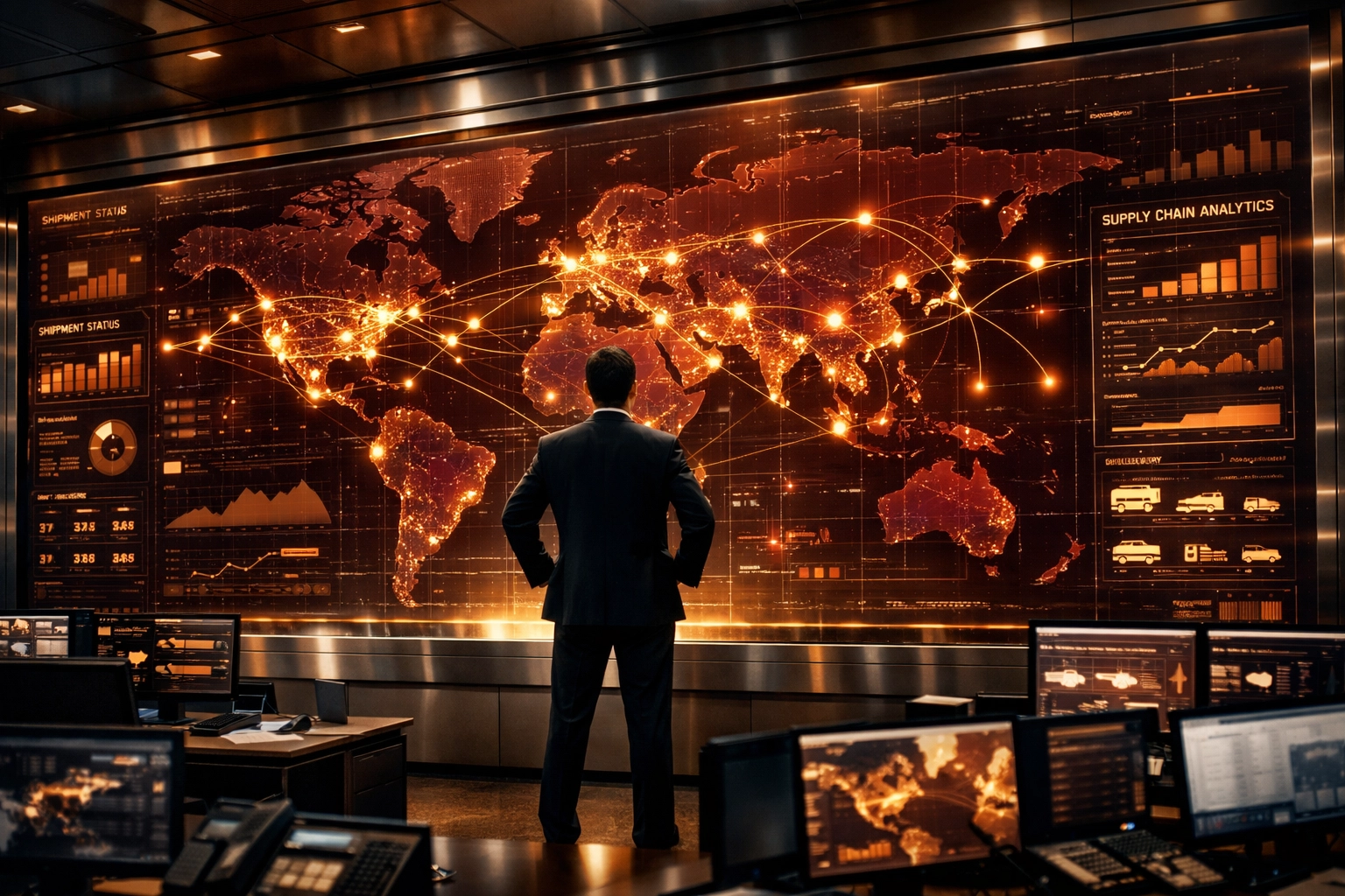 Logistics expert monitoring third party logistics providers from a high-tech supply chain command center.