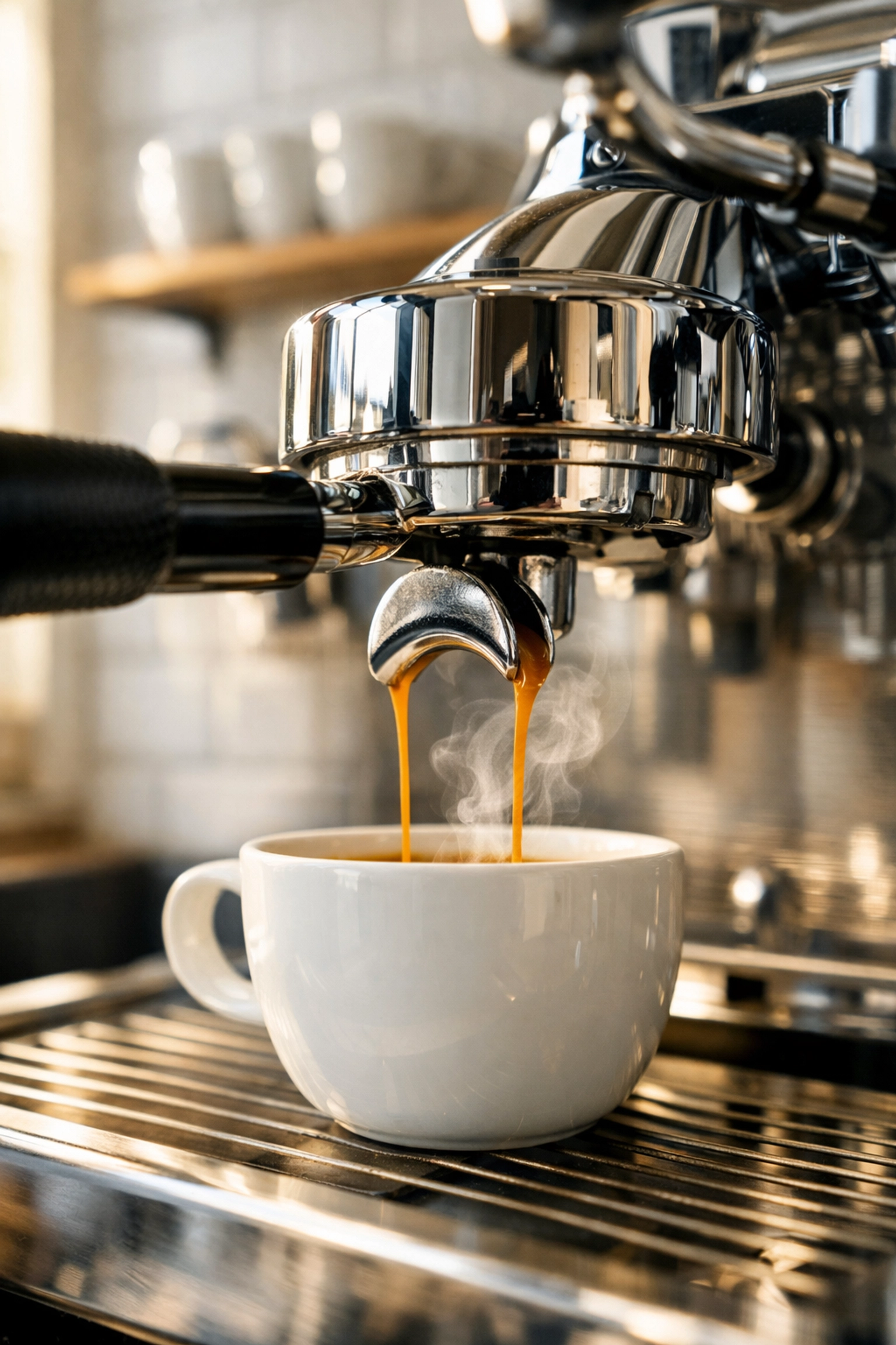 Close-up of a commercial espresso machine pouring fresh coffee for a new café business.