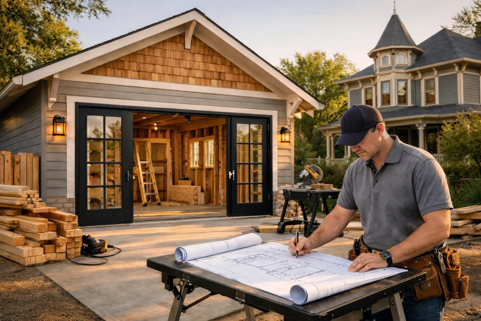 Nashville contractor reviewing blueprints for a garage conversion with custom French doors.