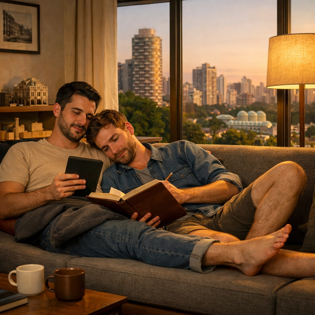 A cozy moment of two men reading LGBTQ+ ebooks together in a stylish Curitiba home.