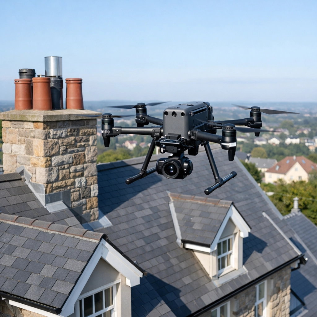 Professional drone roof survey in Lisburn inspecting a residential chimney and roofline.