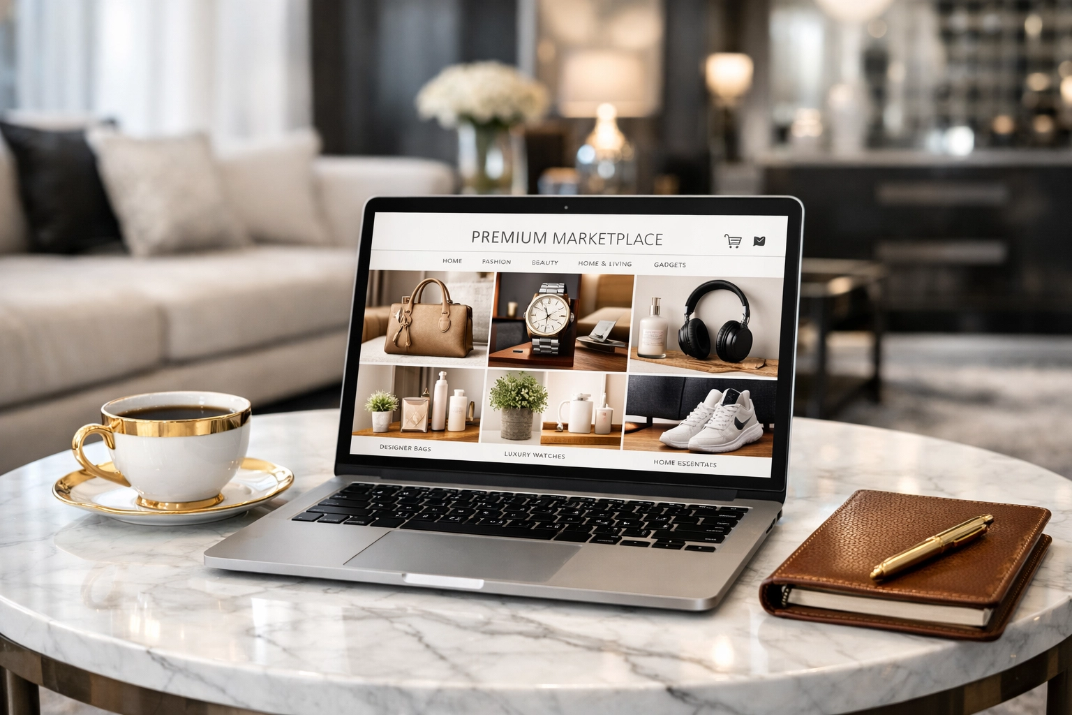 Laptop displaying The Black Wall Streets marketplace for community-driven shopping and economic moves.