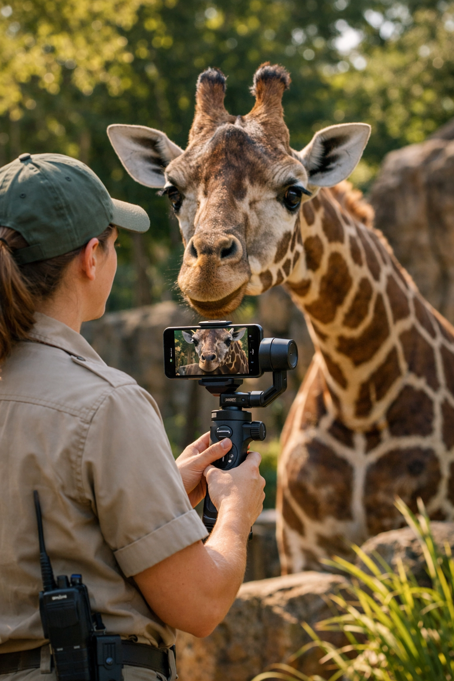 Zookeeper using a smartphone to film behind-the-scenes social media content with a giraffe at the zoo.