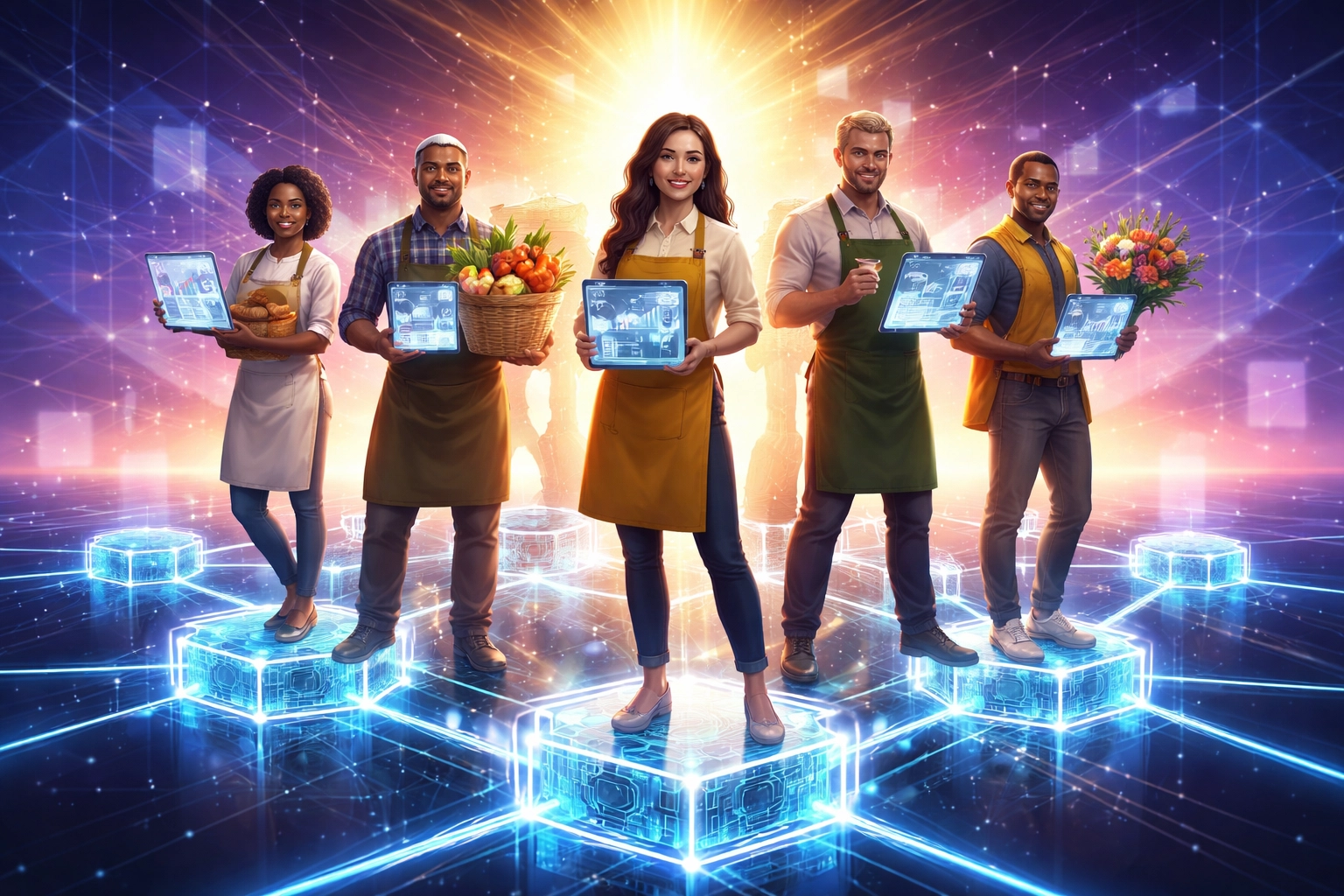 Group of merchants on interconnected blockchain nodes symbolizing global Web3 payments, analytics, and financial freedom.