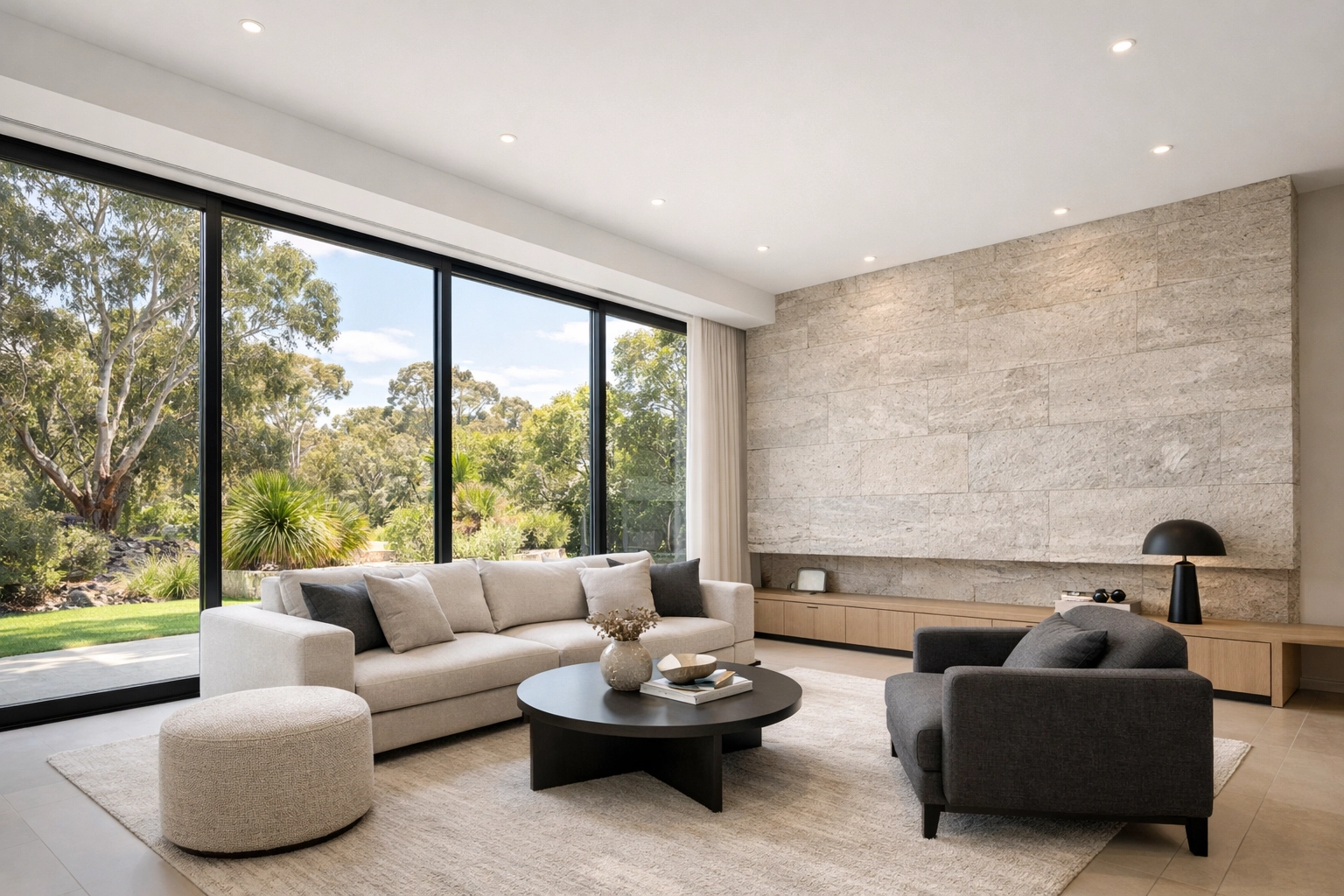 Modern modular living room with high ceilings and energy-efficient double-glazed windows.