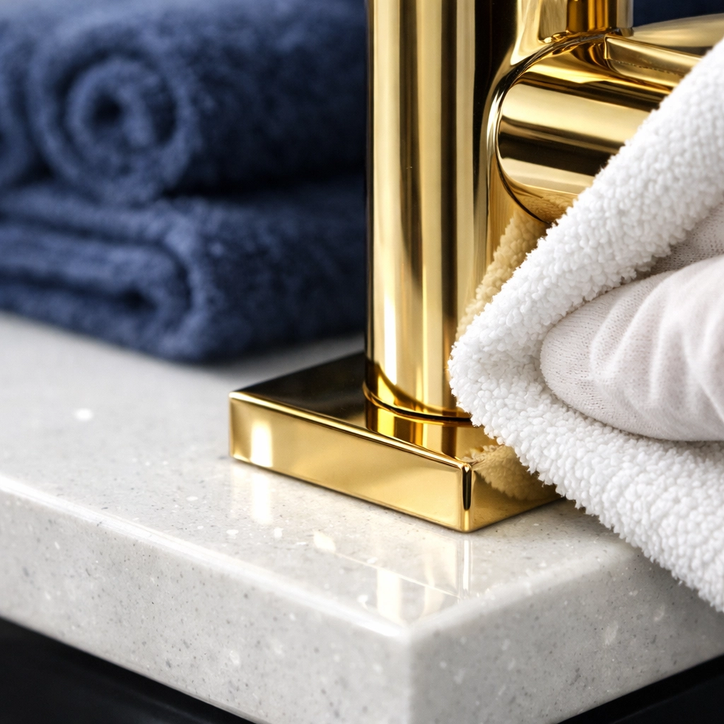 Detailed view of a sparkling clean bathroom faucet and quartz counter after a professional deep house cleaning.