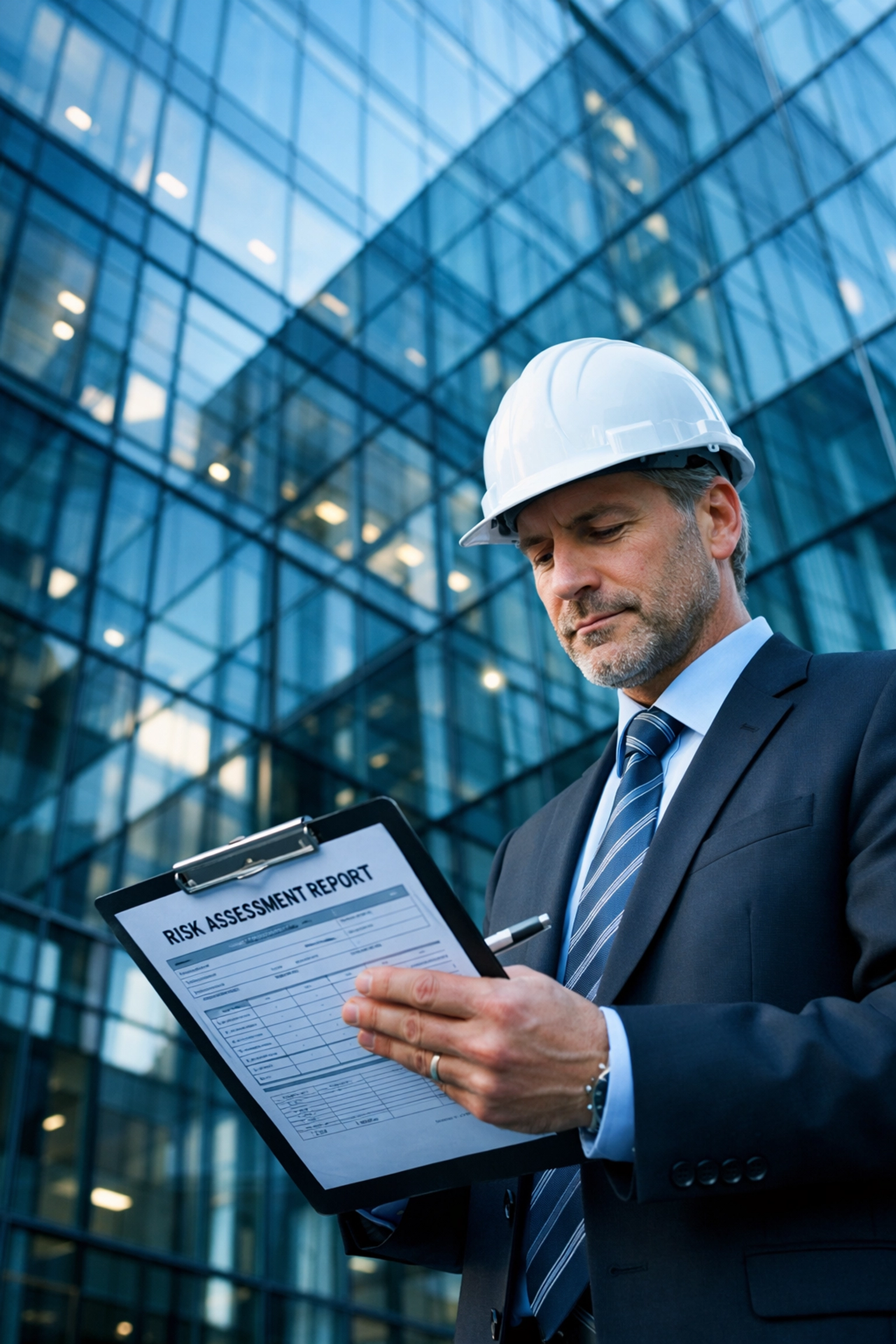 Facilities manager reviewing RAMS documents at Cambridge commercial office building