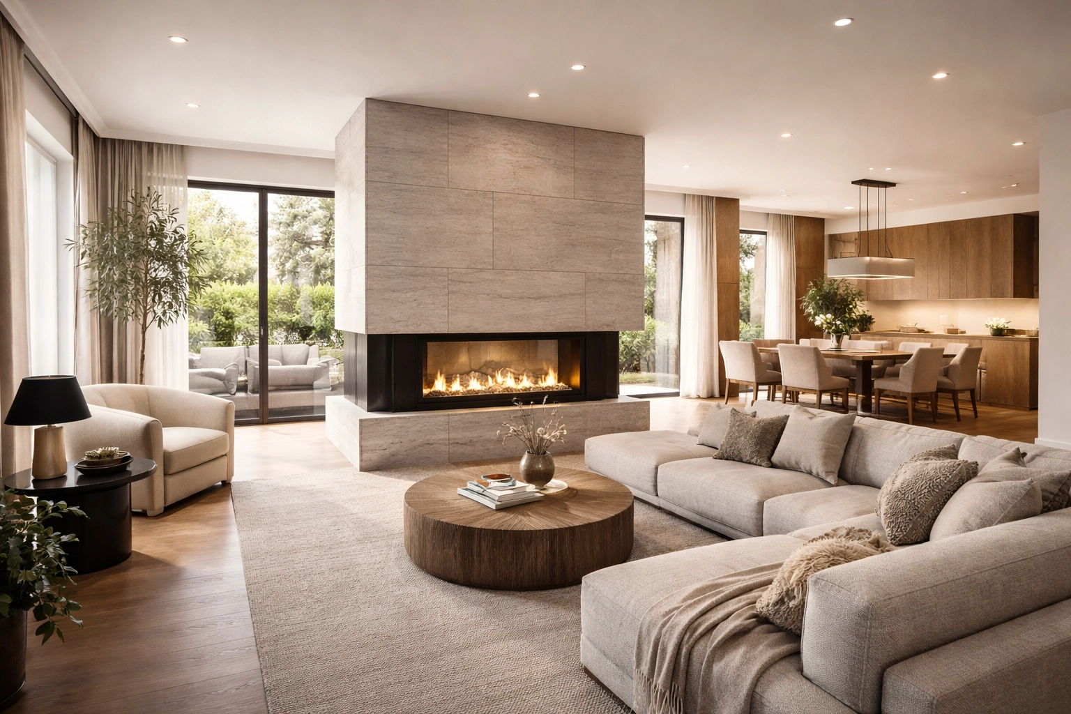 Modern living room with zoned open concept design featuring double-sided fireplace and defined spaces