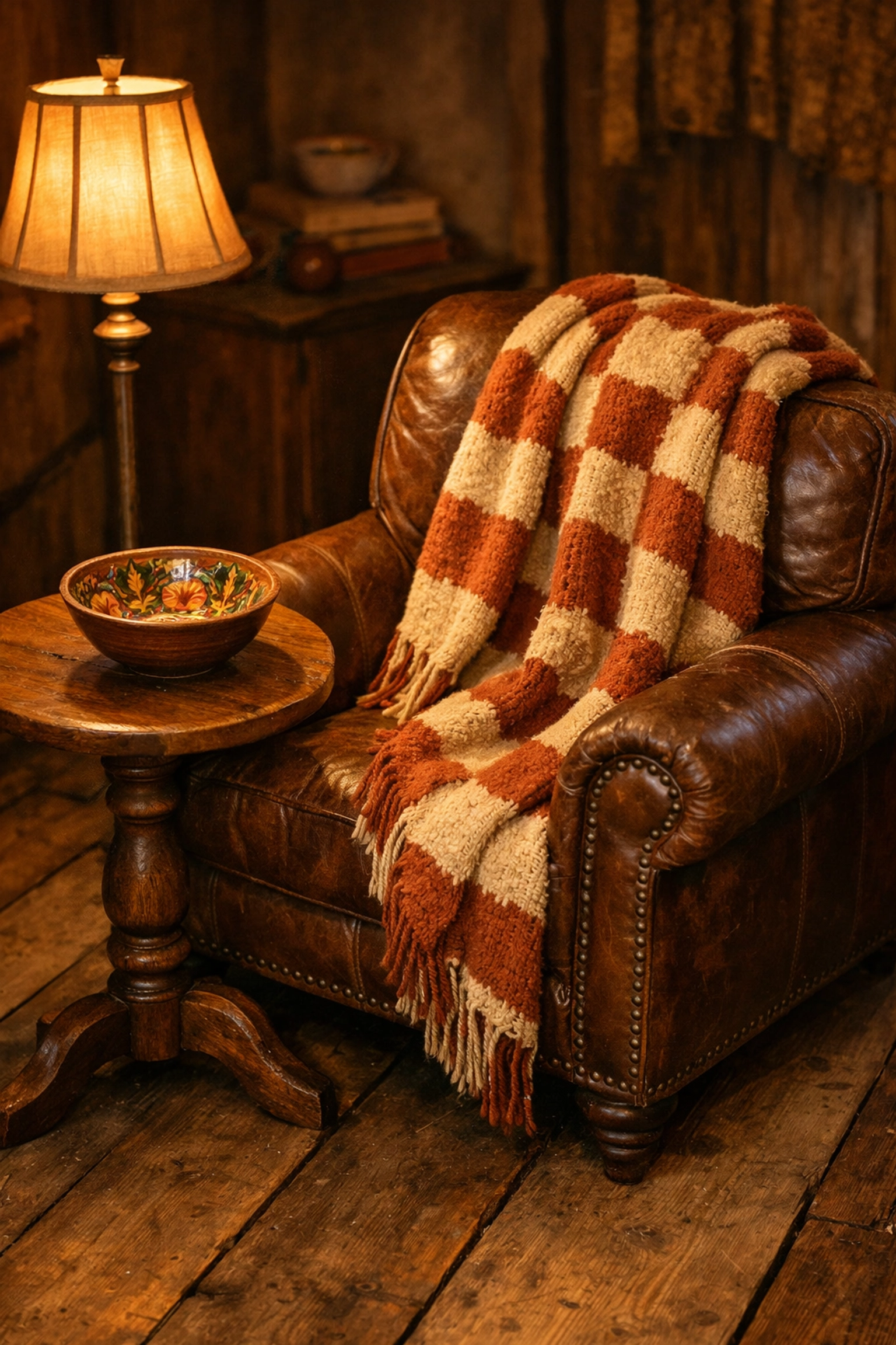 Artisan floral bowl and checkered blanket on a leather chair illustrating thoughtful maximalism in home decor.