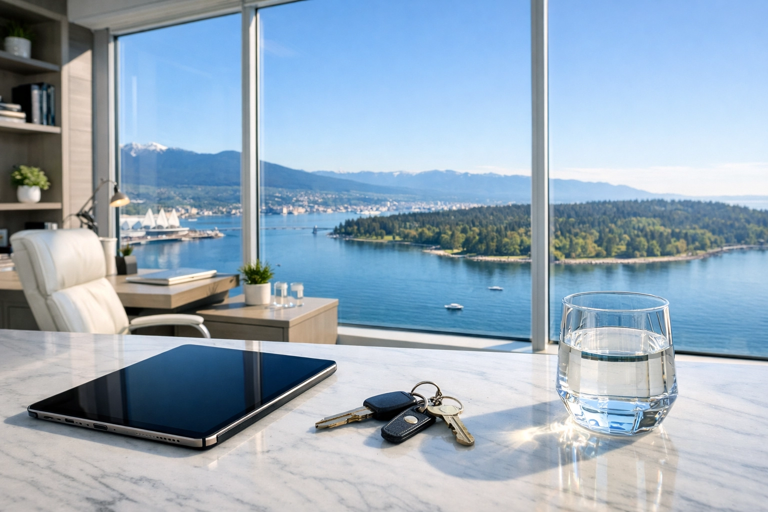 Modern home office in a luxury Vancouver condo with views of Stanley Park, illustrating Airbnb legal compliance.
