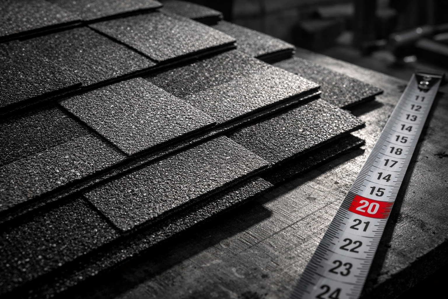 Modern architectural shingles with metric measuring tape showing dimensional texture and layered construction
