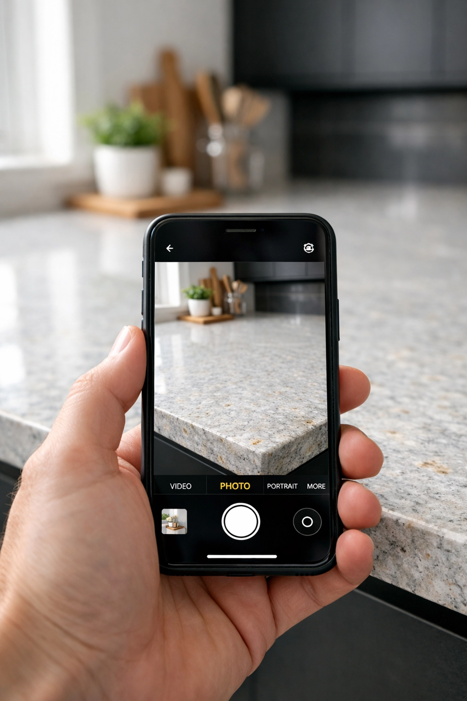 Photographing kitchen worktop for property check-in documentation with smartphone