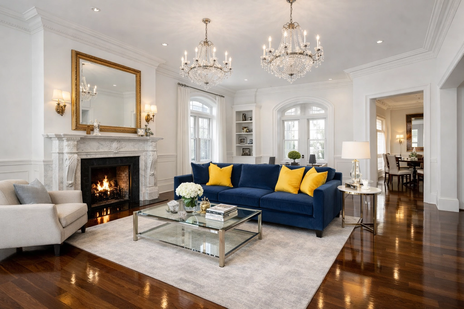 Grand living room with marble fireplace featuring professional luxury house cleaning in Brookline.