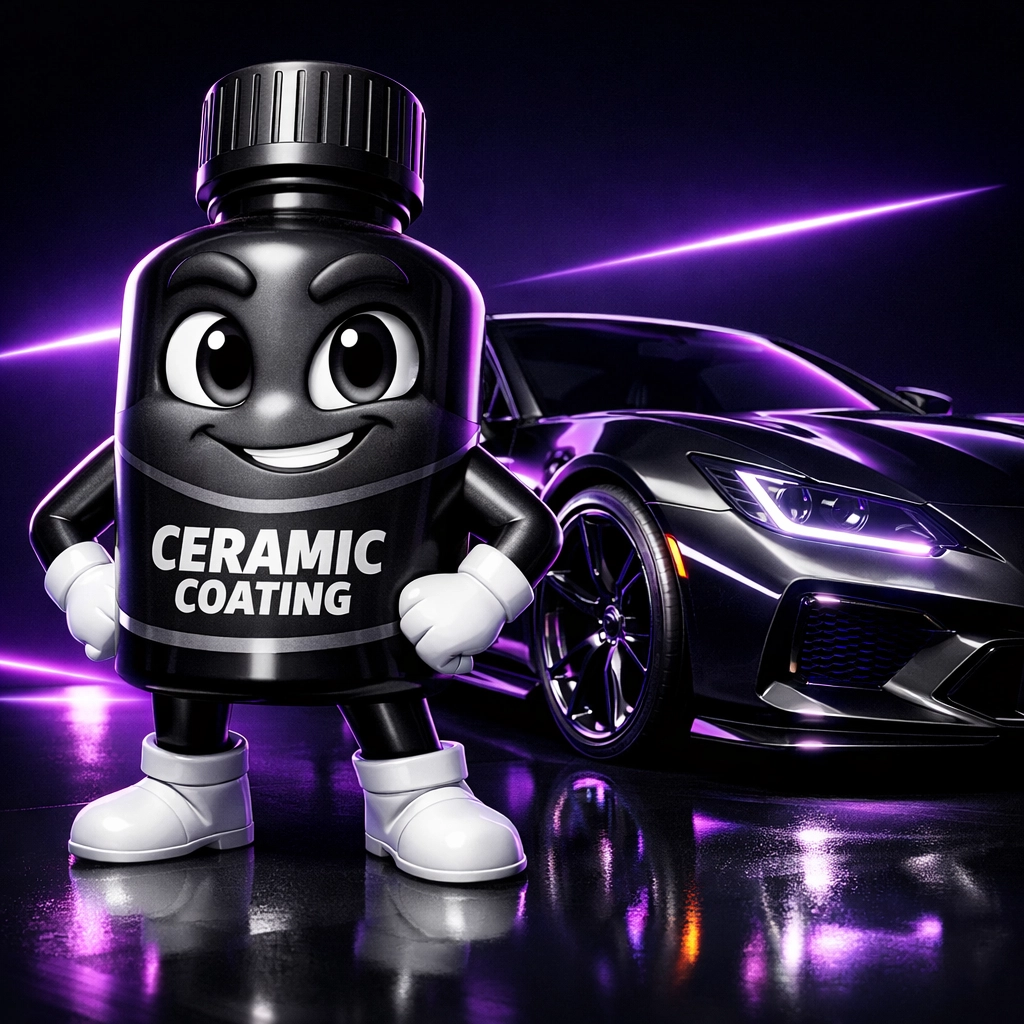 Cera the friendly ceramic coating bottle mascot standing proudly next to a gleaming sports car