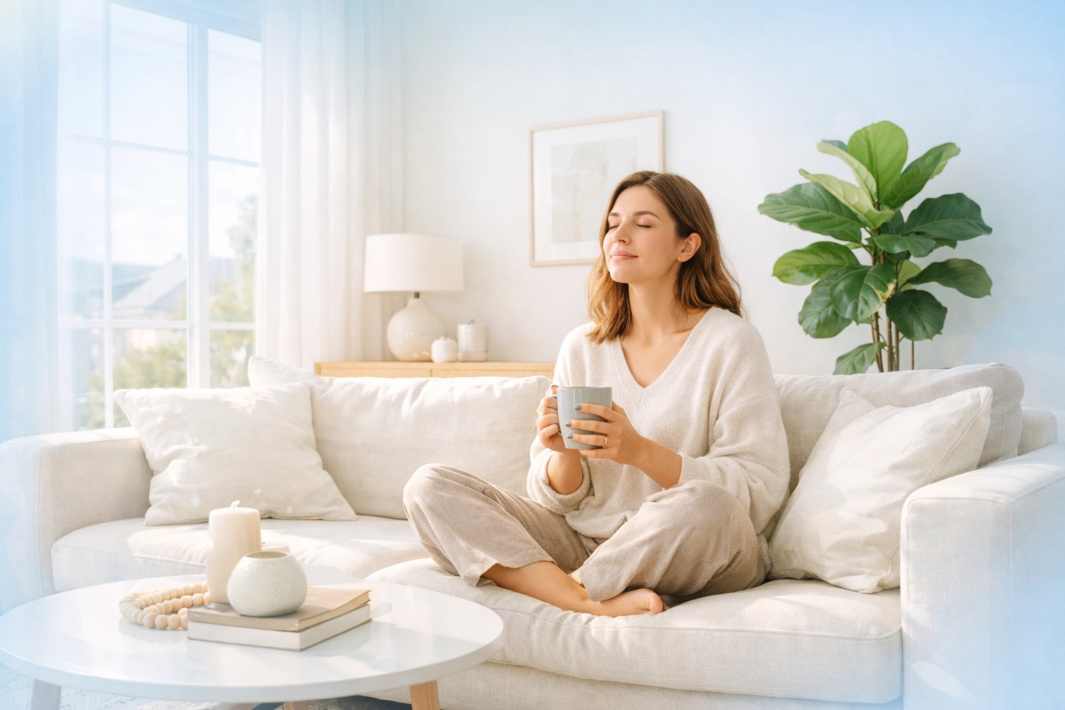 A woman relaxes in a clean Waterloo, Iowa living room, enjoying the mental wellness benefits of house cleaning.
