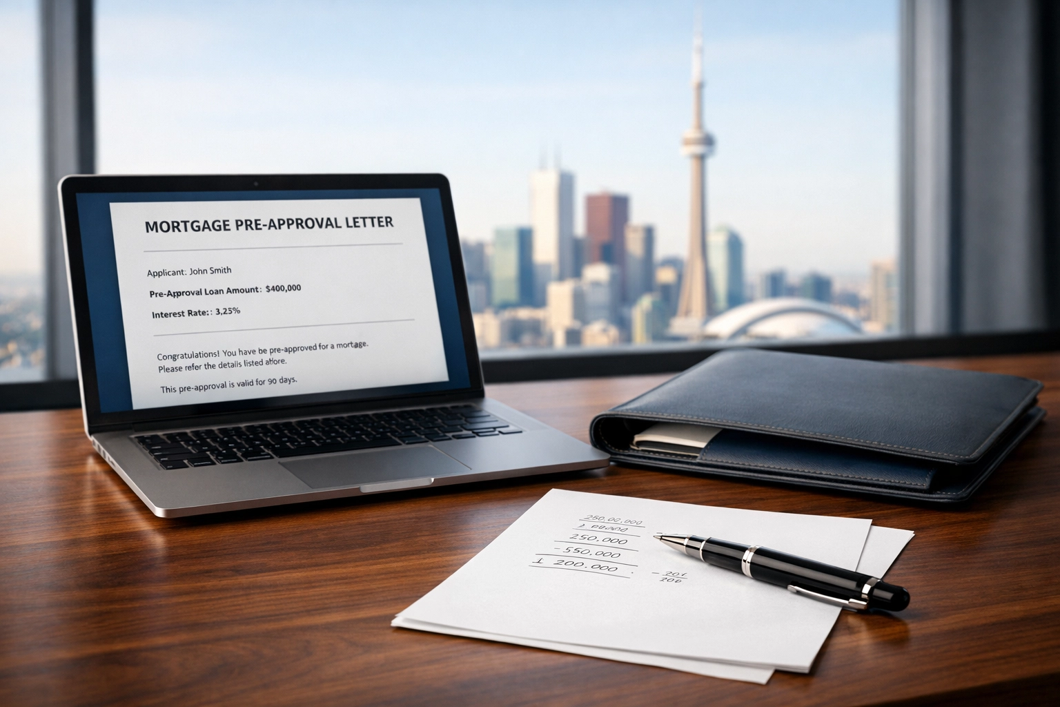 Mortgage pre-approval documents and Toronto skyline - essential first step for Ontario first-time home buyers