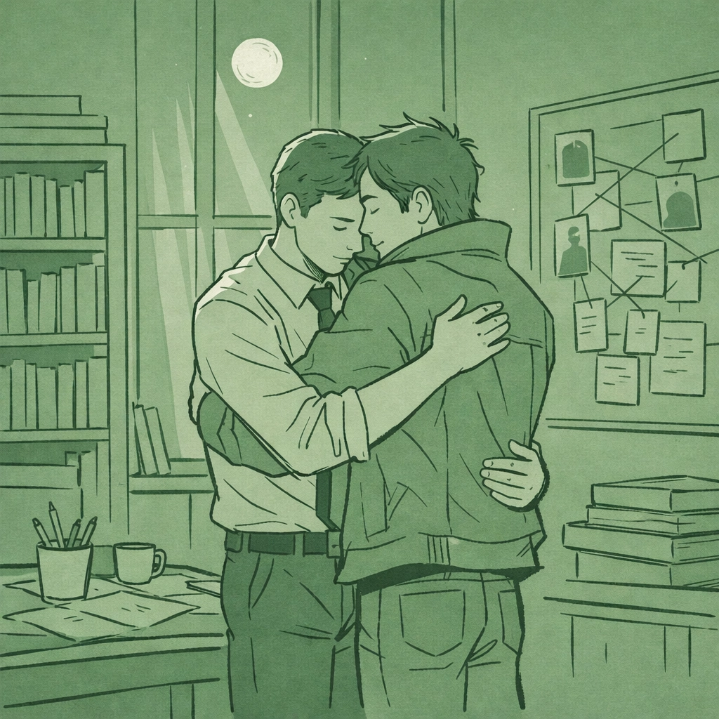 Gallery owner and detective embrace in office during art world murder case MM romance