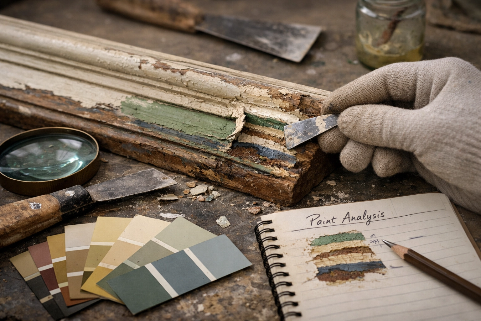 Period property paint preparation showing heritage restoration methods and color samples
