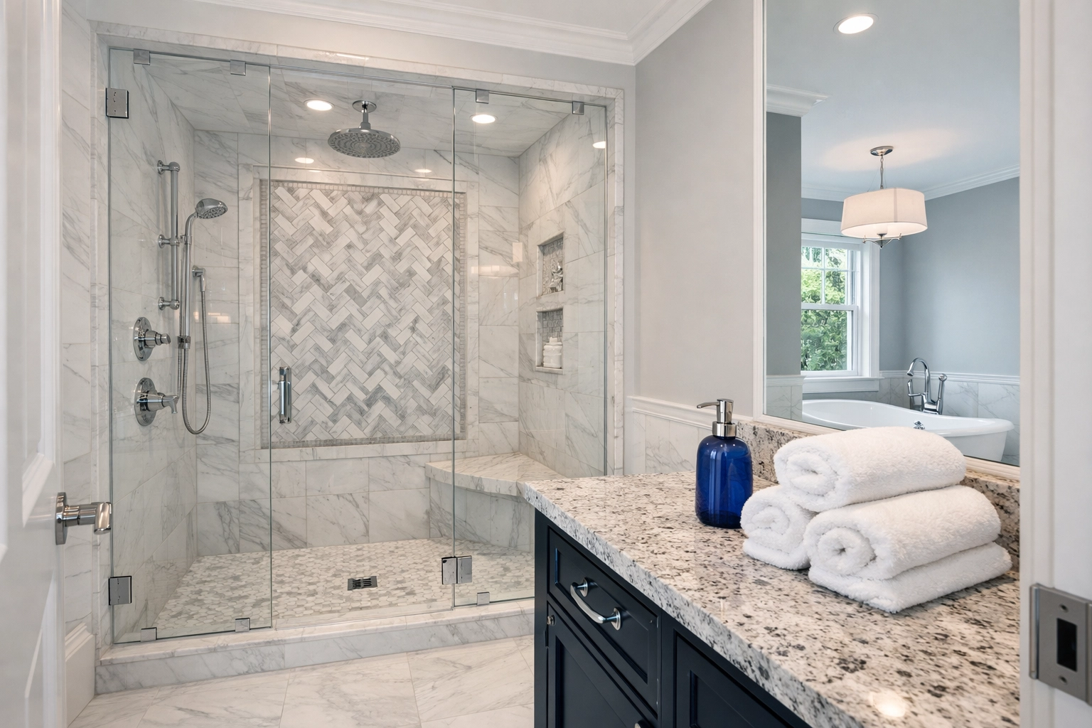 A sparkling clean luxury bathroom with marble tiles after professional deep cleaning in Boxford.