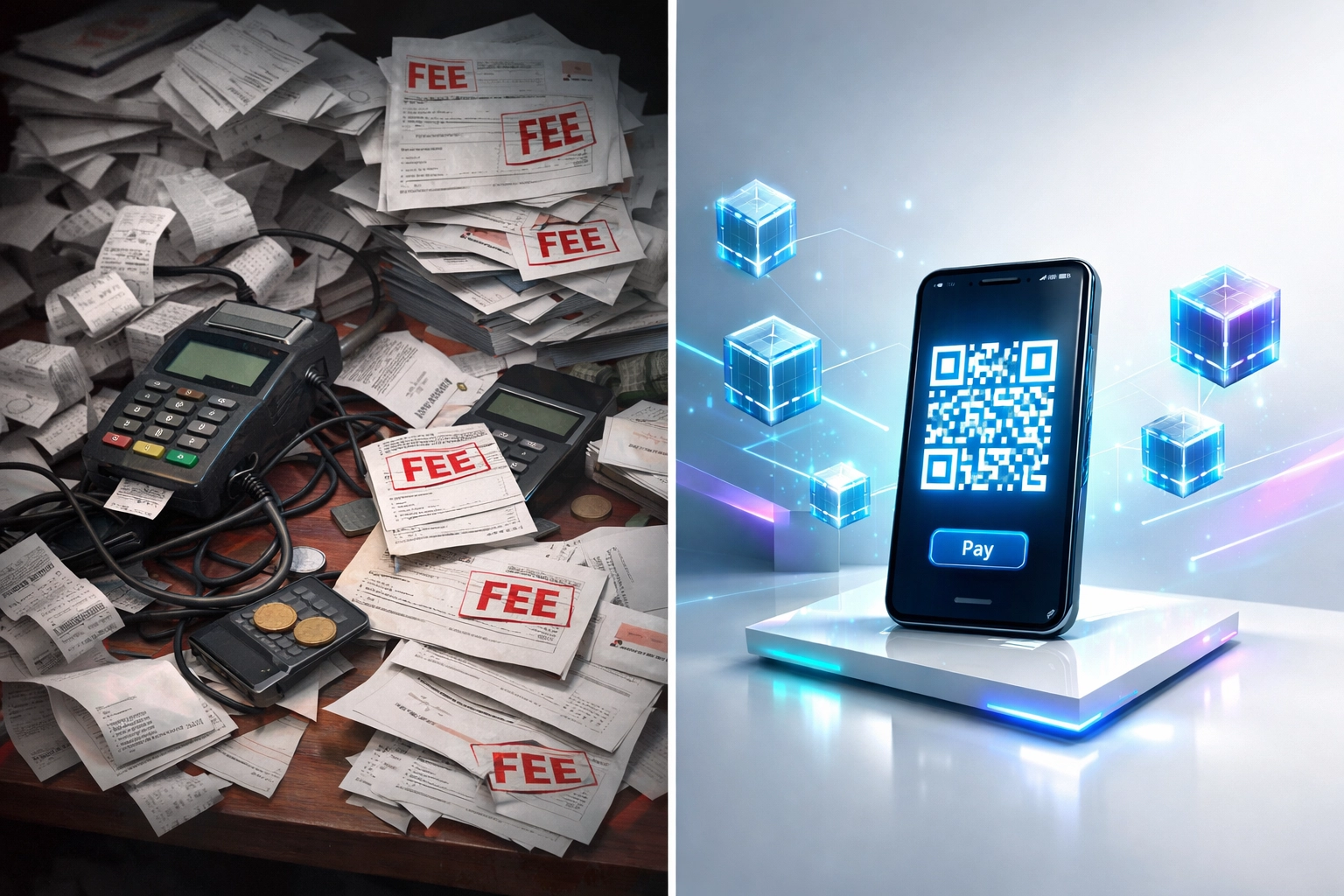 Legacy payment processor vs LUSD stablecoin comparison showing traditional fees versus gas-only transfers